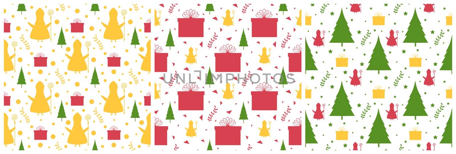 Set of Saint Nicholas Day or Sinterklaas Seamless Pattern with Gift Box and Winter Template Background Hand Drawn Cartoon Flat Illustration