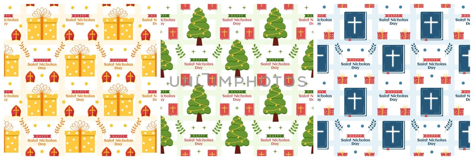 Set of Saint Nicholas Day or Sinterklaas Seamless Pattern with Gift Box and Winter Template Background Hand Drawn Cartoon Flat Illustration