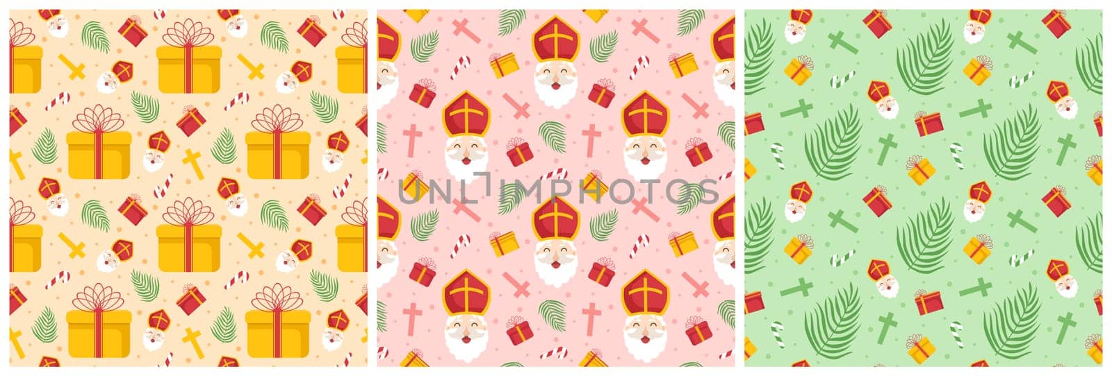 Set of Saint Nicholas Day or Sinterklaas Seamless Pattern with Gift Box and Winter Template Background Hand Drawn Cartoon Flat Illustration