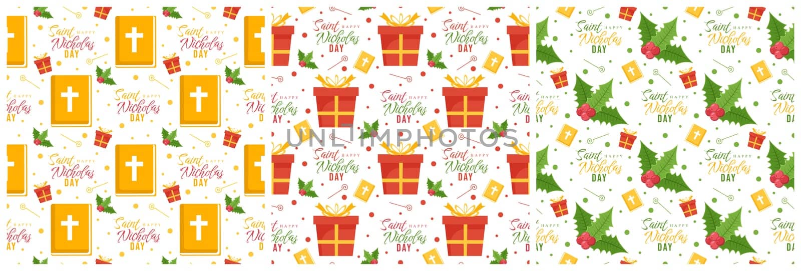 Set of Saint Nicholas Day or Sinterklaas Seamless Pattern with Gift Box and Winter Template Background Hand Drawn Cartoon Flat Illustration