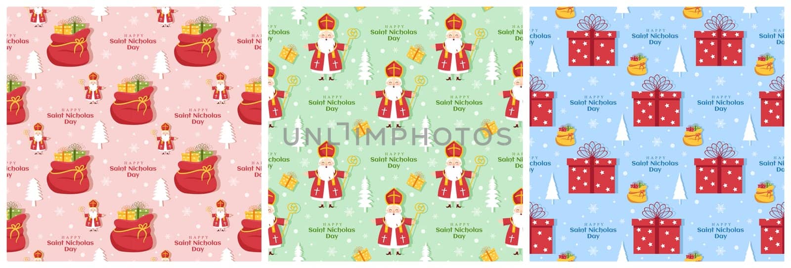 Set of Saint Nicholas Day or Sinterklaas Seamless Pattern with Gift Box and Winter Template Background Hand Drawn Cartoon Flat Illustration