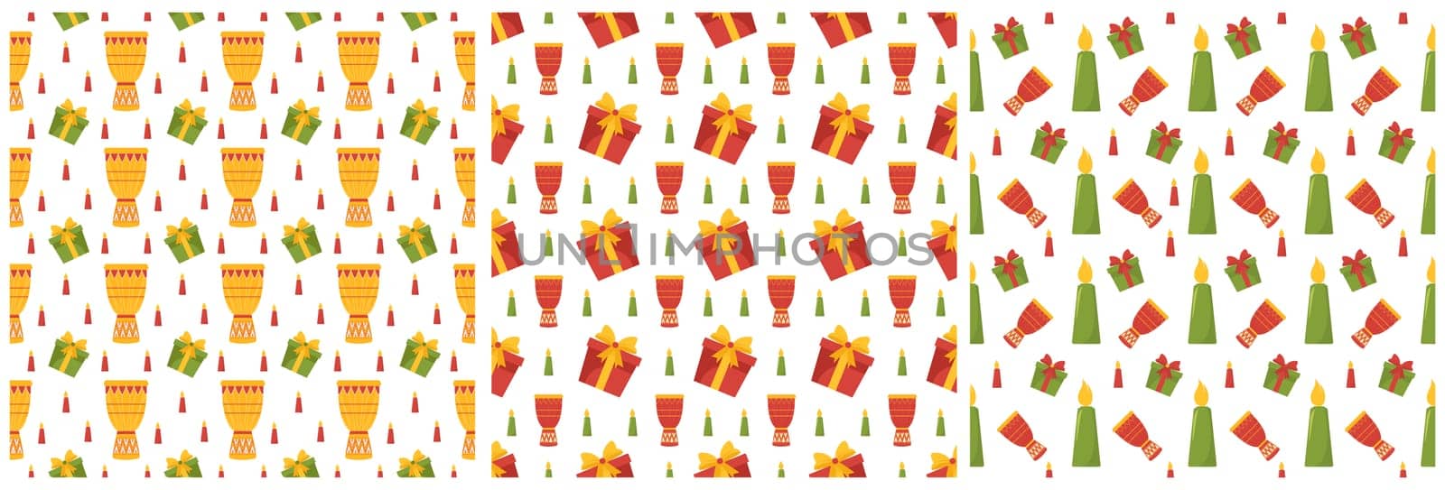 Set of Happy Kwanzaa Holiday African Seamless Pattern Design with Festival Style Element on Template Hand Drawn Cartoon Flat Illustration
