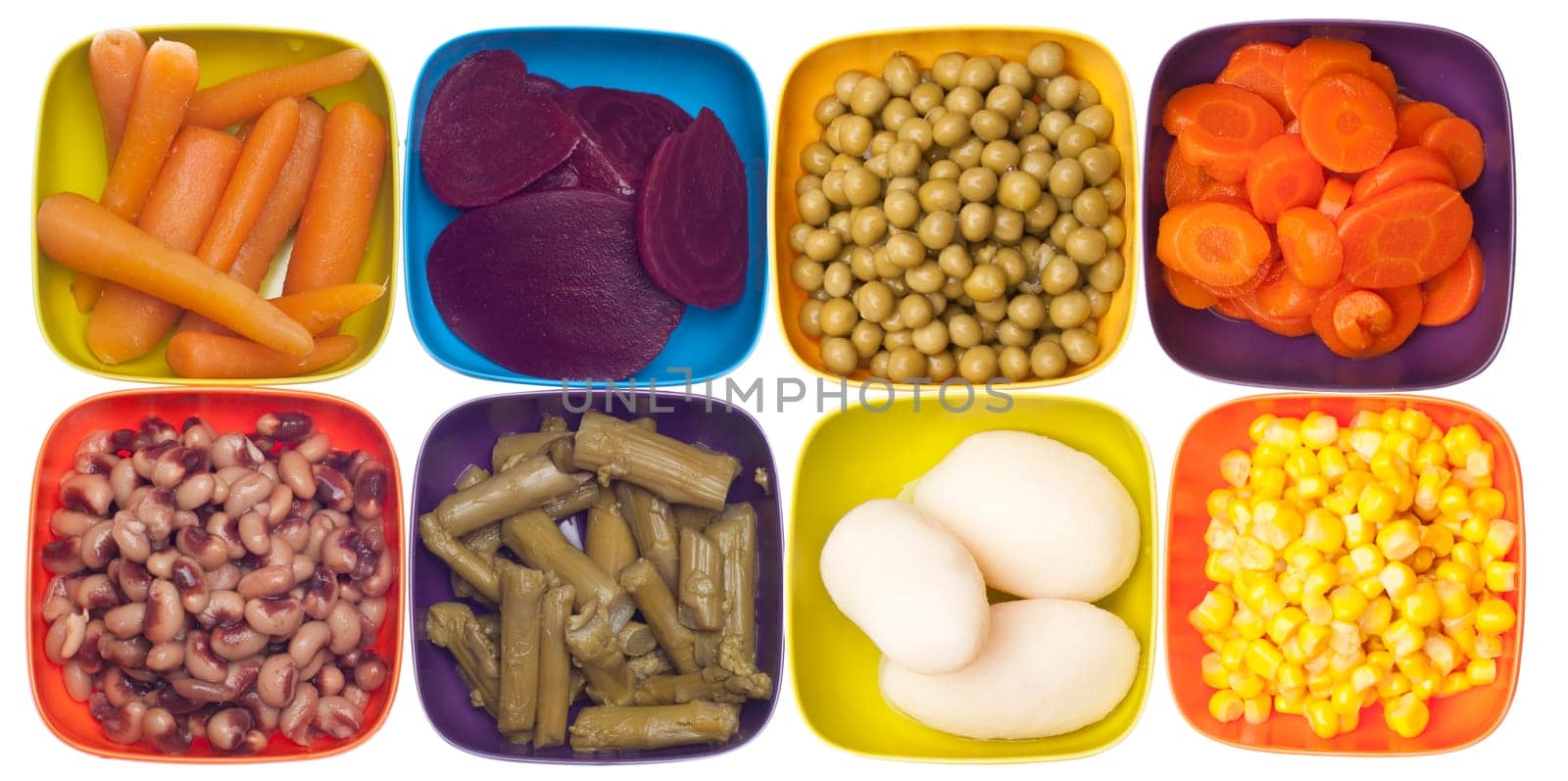 Peas, Potatoes, Corn, Carrots, Beets, Asparagus and Black Eyed Peas in Colorful Bowls.