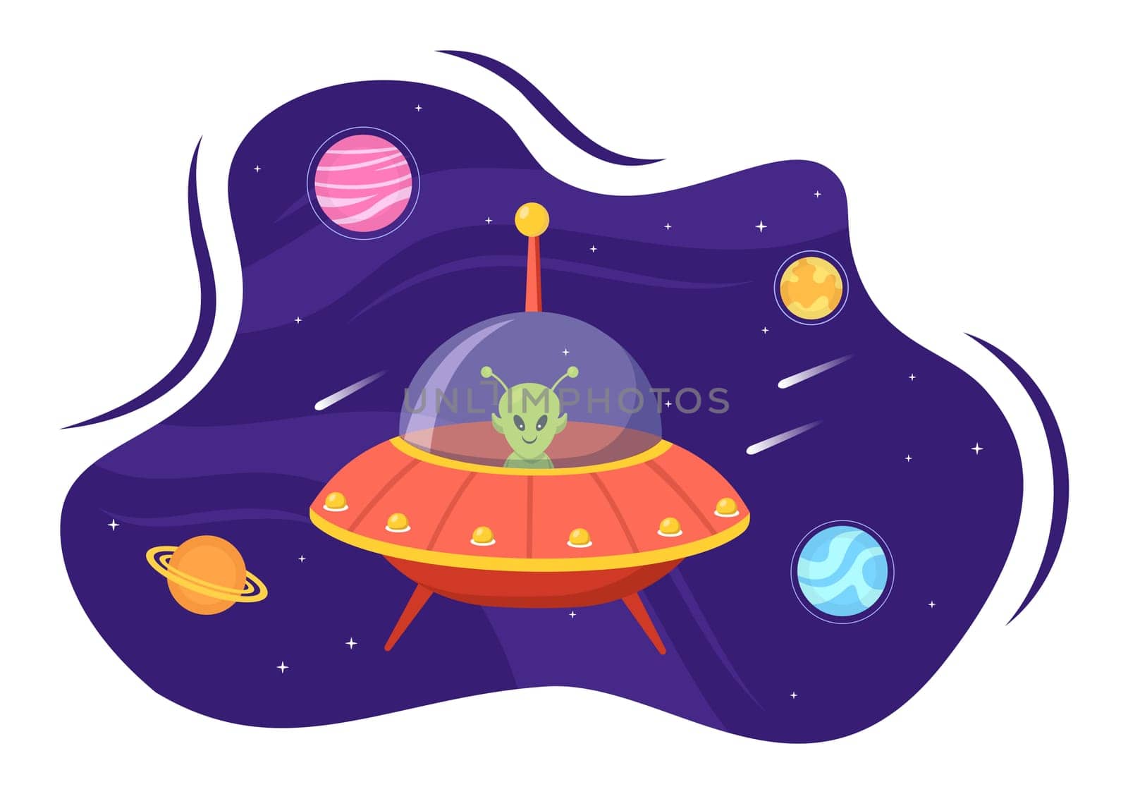 UFO Flying Spaceship with Rays of Light in Sky Night City View and Alien in Flat Cartoon Hand Drawn Templates Illustration