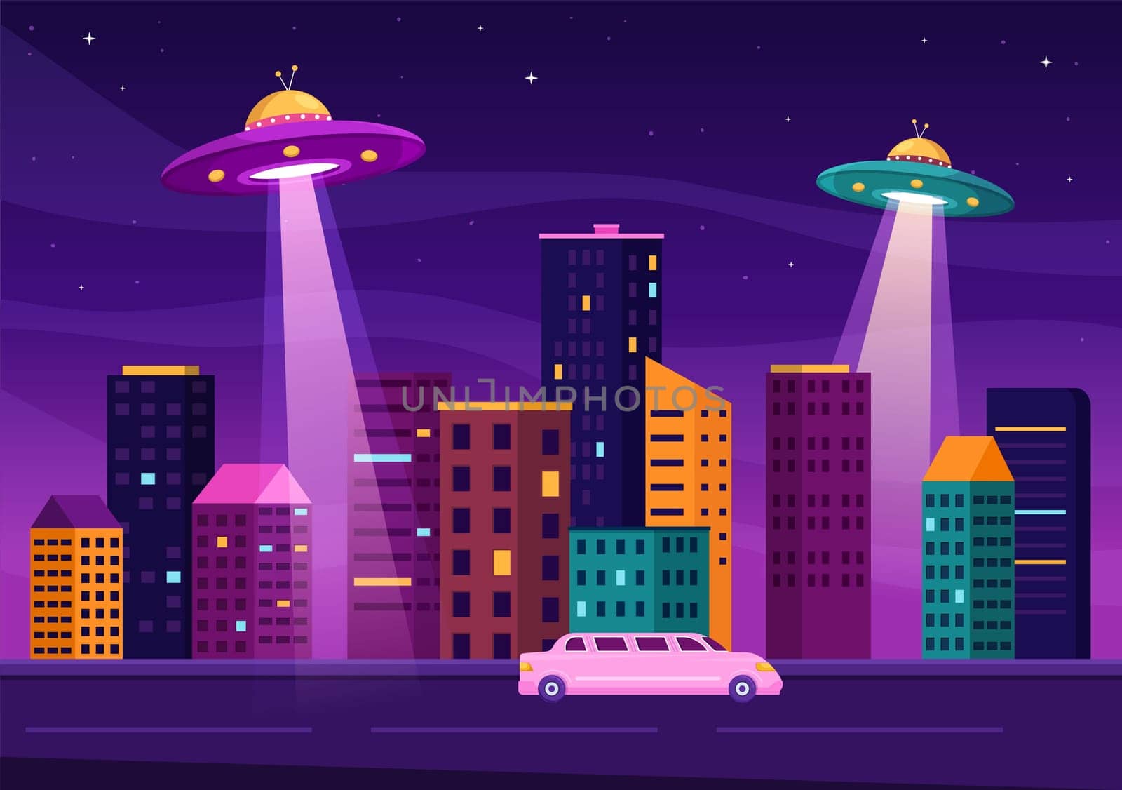 UFO Flying Spaceship with Rays of Light in Sky Night City View and Alien in Flat Cartoon Hand Drawn Templates Illustration