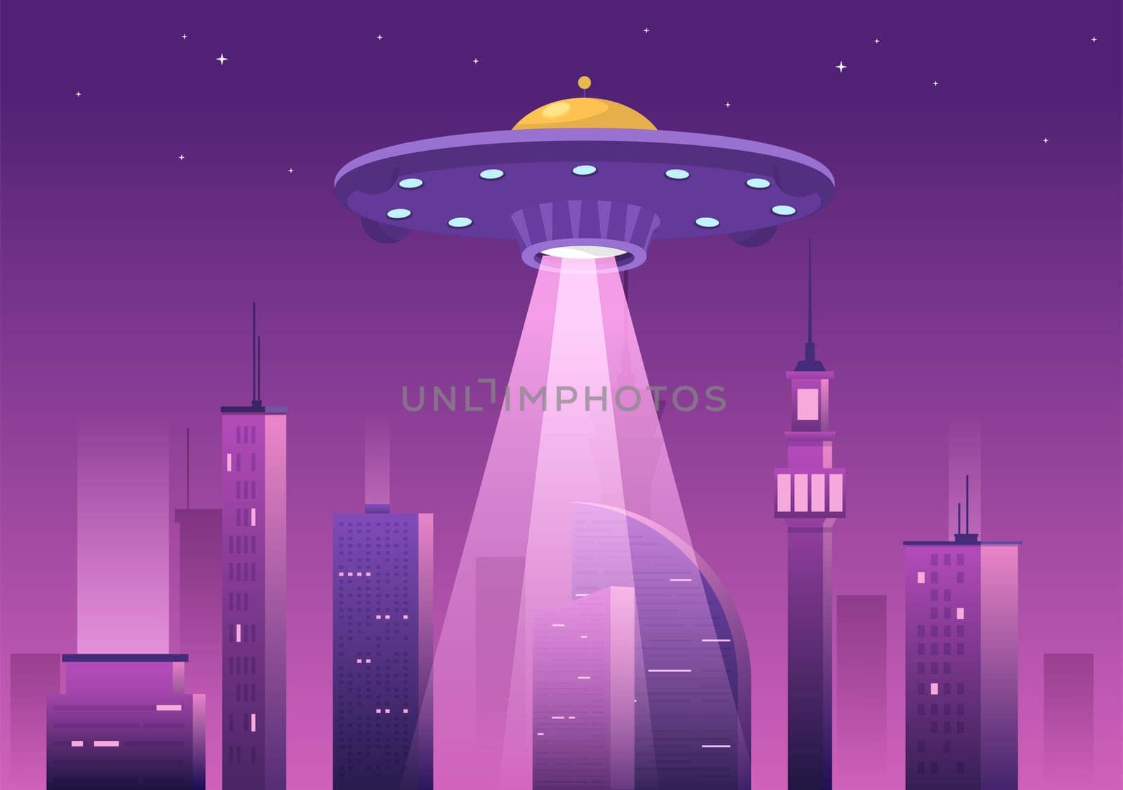 UFO Flying Spaceship with Rays of Light in Sky Night City View and Alien in Flat Cartoon Hand Drawn Templates Illustration