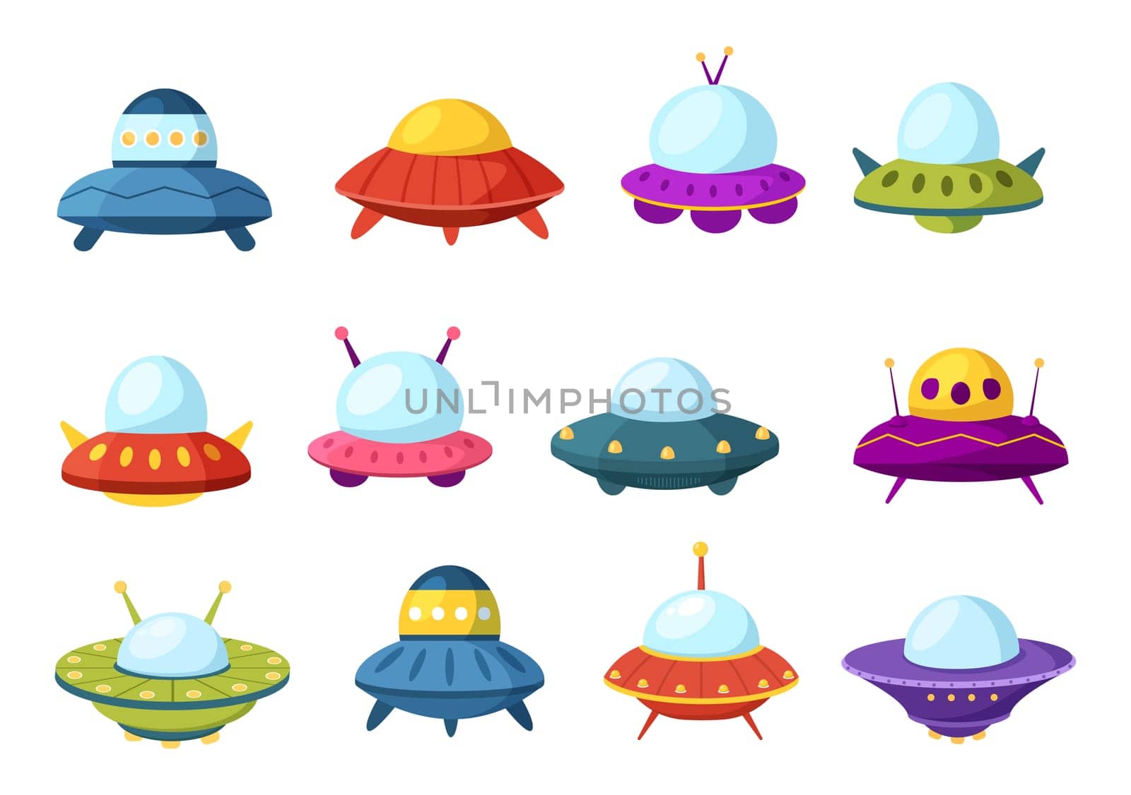 UFO Flying Spaceship with Rays of Light in Sky Night City View and Alien in Flat Cartoon Hand Drawn Templates Illustration