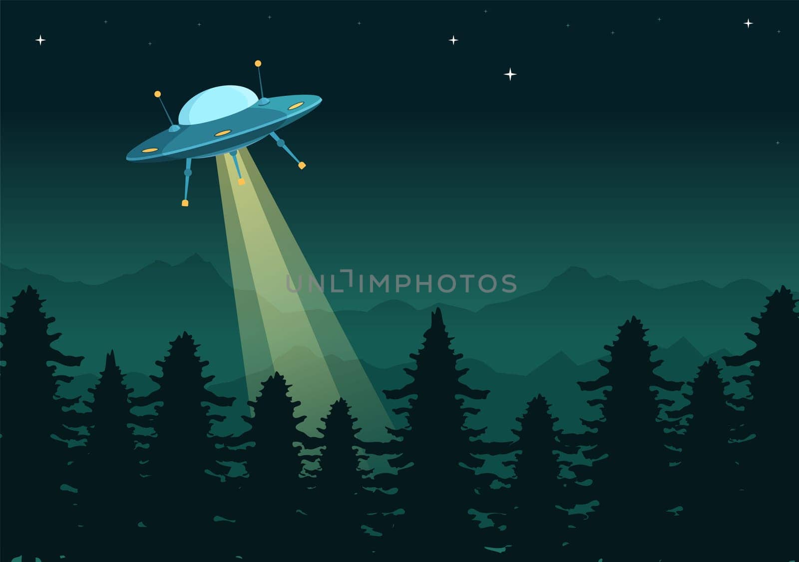 UFO Flying Spaceship with Rays of Light in Sky Night City View and Alien in Flat Cartoon Hand Drawn Templates Illustration