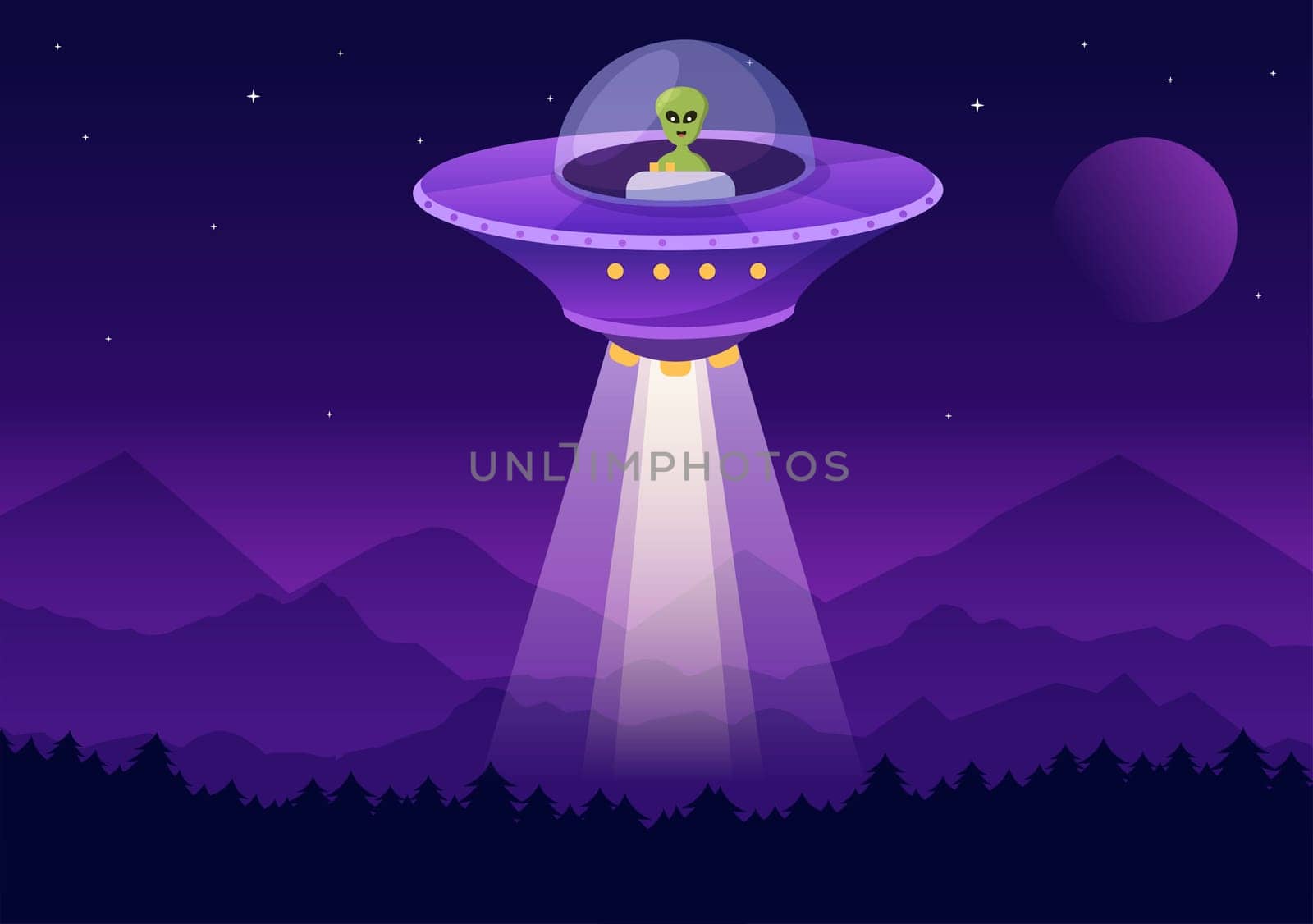 UFO Flying Spaceship with Rays of Light in Sky Night City View and Alien in Flat Cartoon Hand Drawn Templates Illustration