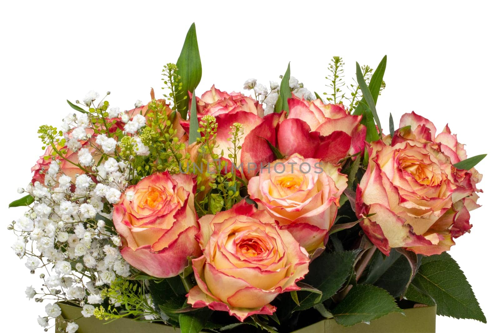Closeup of a beautiful bouquet of red yellow roses in a decorative green gift box isolated on a white background. Macro. Valentine, Wedding or other holidays.