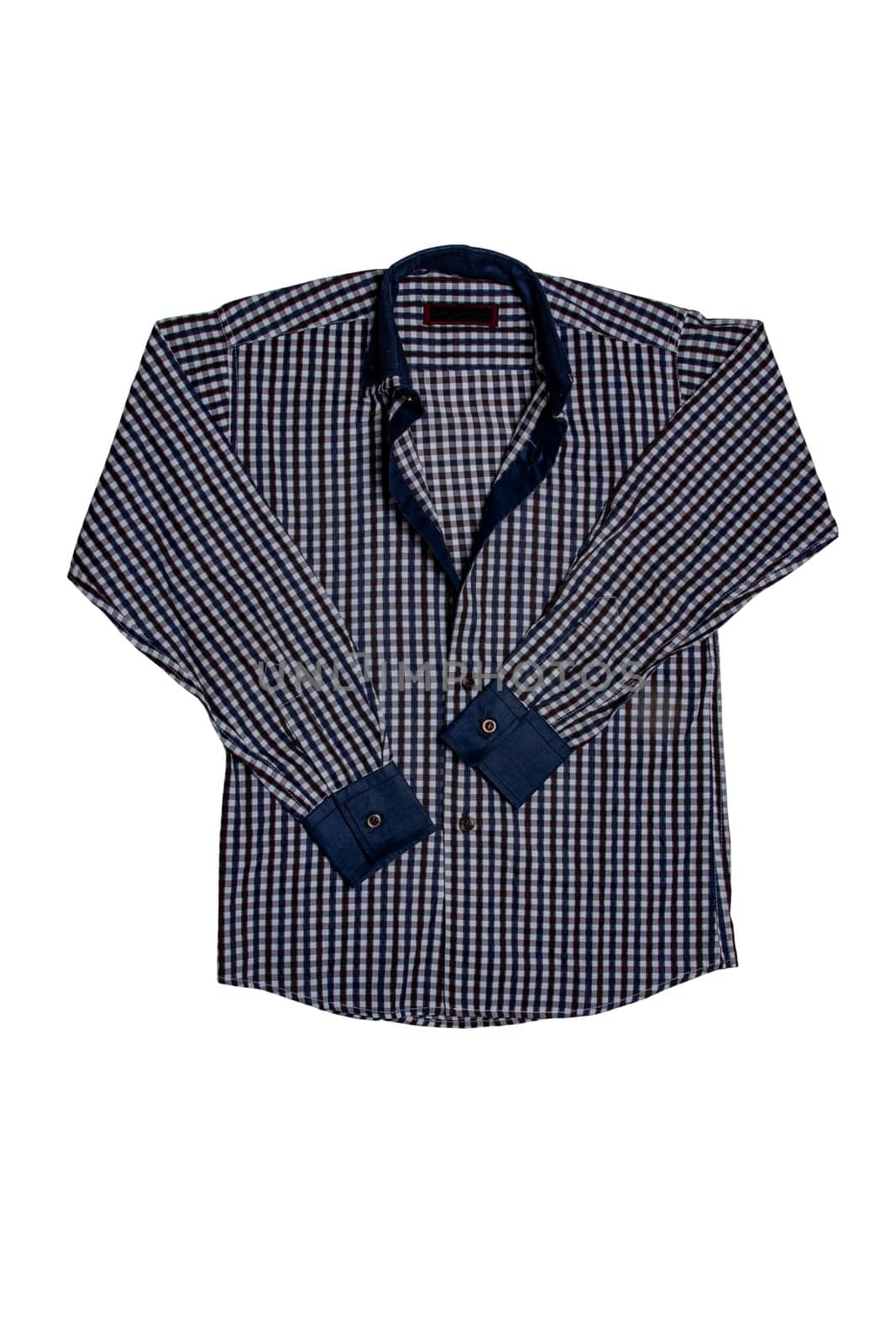 Checked shirts. Close-up of a blue gray and white tartan or plaid shirt for mens isolated on a white background. Clipping path. Summer fashion of mans clothes.