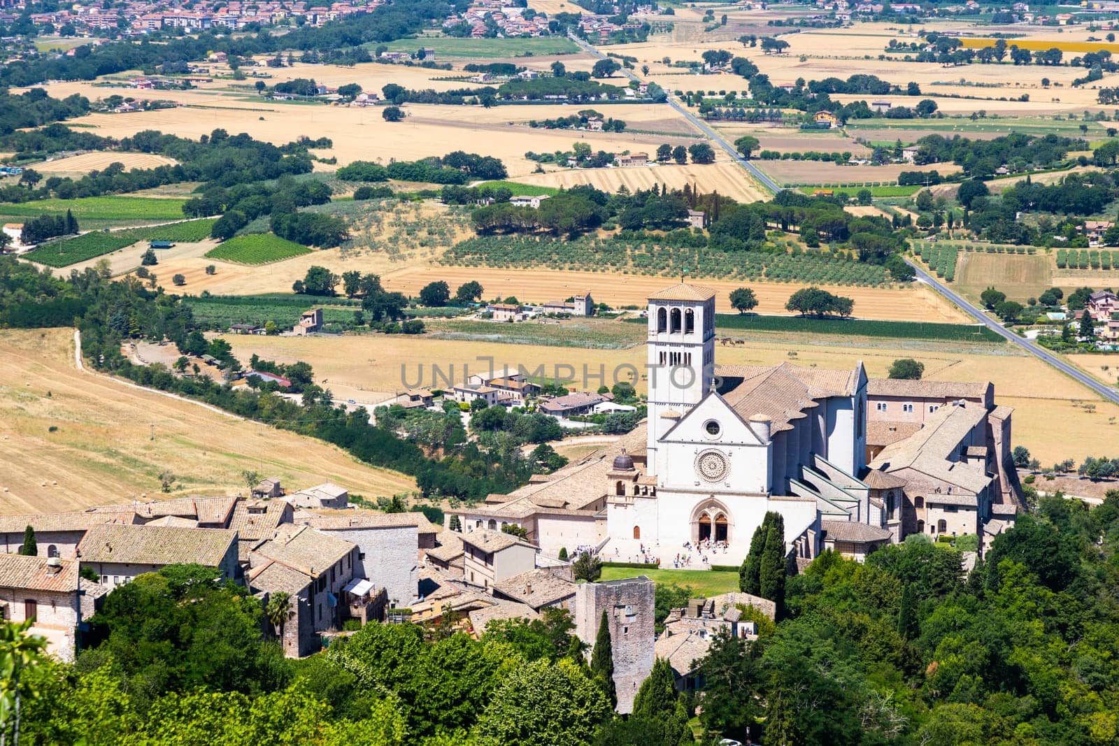 Assisi village in Umbria region, Italy. The town is famous for the most important Italian St. Francis Basilica (Basilica di San Francesco)
