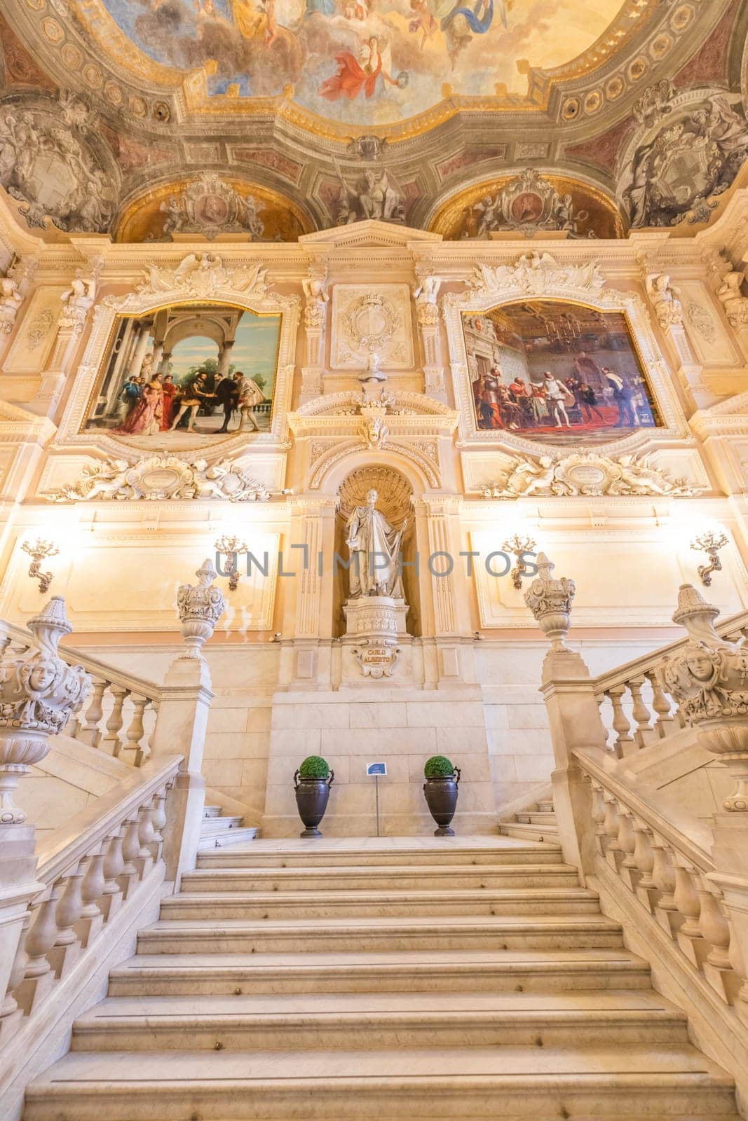 Turin, Italy - Circa January 2022: Royal Palace entrance - luxury elegant marble stairway