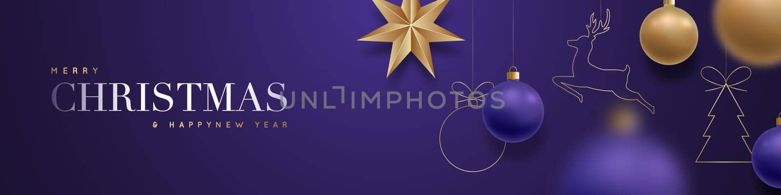 Christmas luxury banner design with hanging golden and dark purple balls, star, deer, xmas tree. Universal vector background for banner, flyers, advertising, web header.