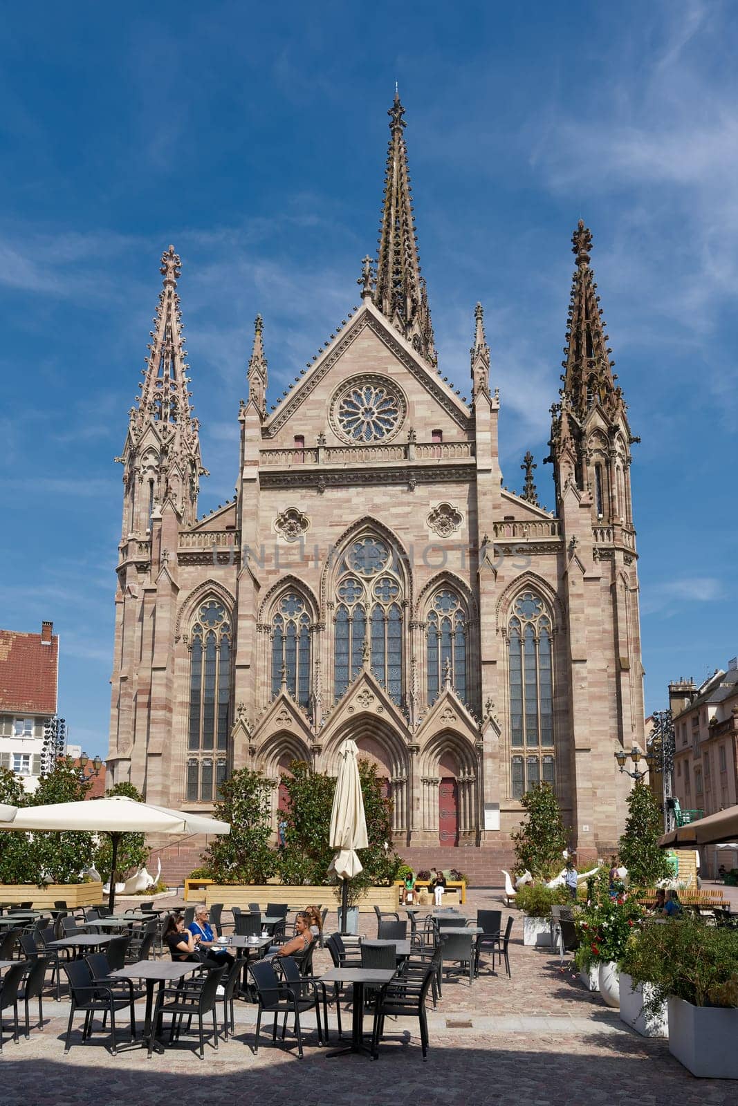 The church Temple Saint-Etienne at the Place de la Réunion in the old town of Mulhouse in France