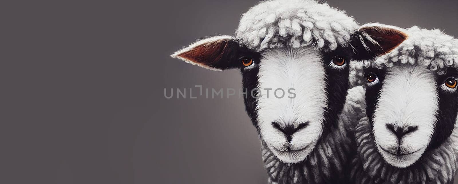 Two cute sheep, funny portrait of animal, livestock farm