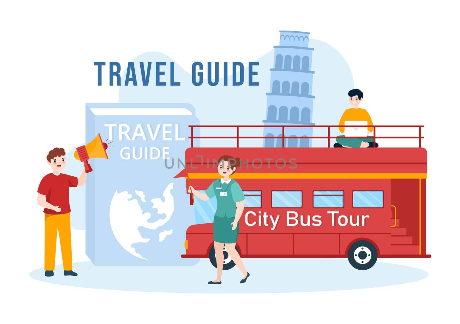 Travel Guide and Tour with Showing Interesting Places to Group of Tourist for Planning Vacation in Flat Cartoon Hand Drawn Templates Illustration
