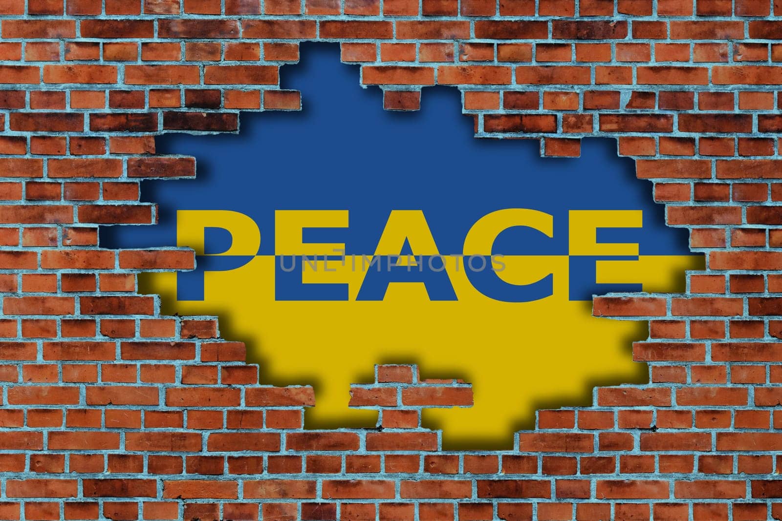 3D Flag of Ukrainian behind the broken old stone wall, the concept of peace in Ukraine. Stop world war.