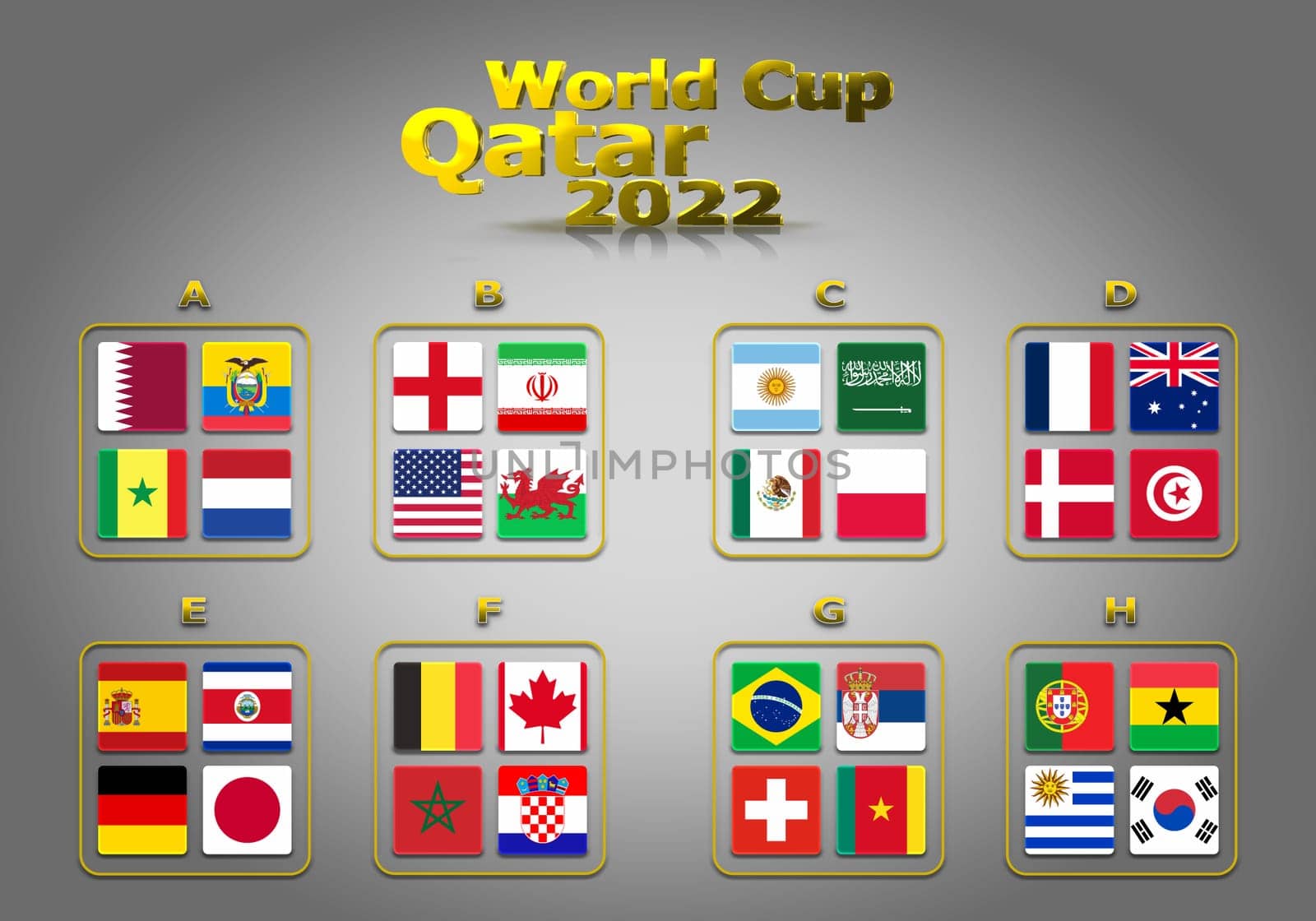 3d illustration groups of World Cup Qatar 2022 championship. All 32 qualifying countries.