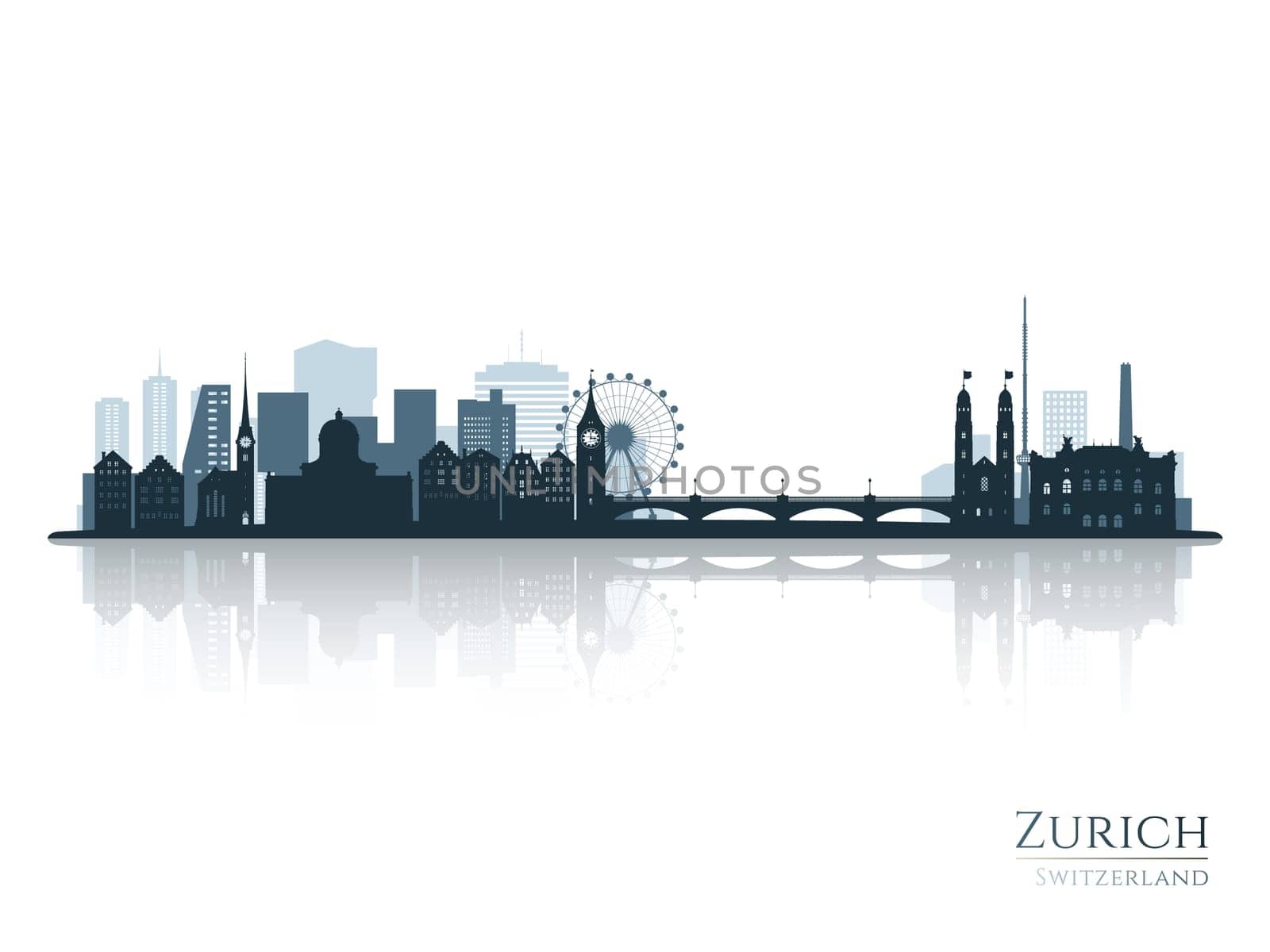 Zurich skyline silhouette with reflection. Landscape Zurich, Switzerland. Vector illustration.