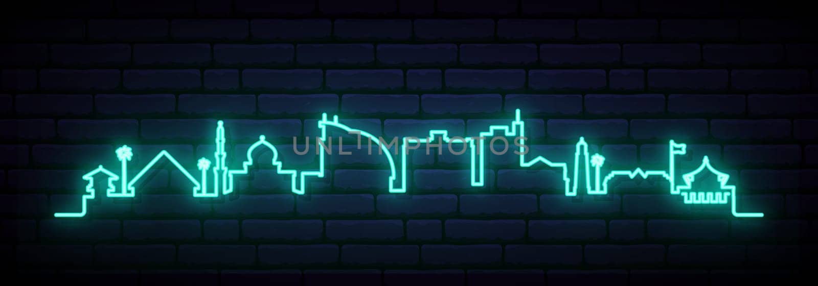 Blue neon skyline of Maldives. Bright Maldives City long banner. Vector illustration.