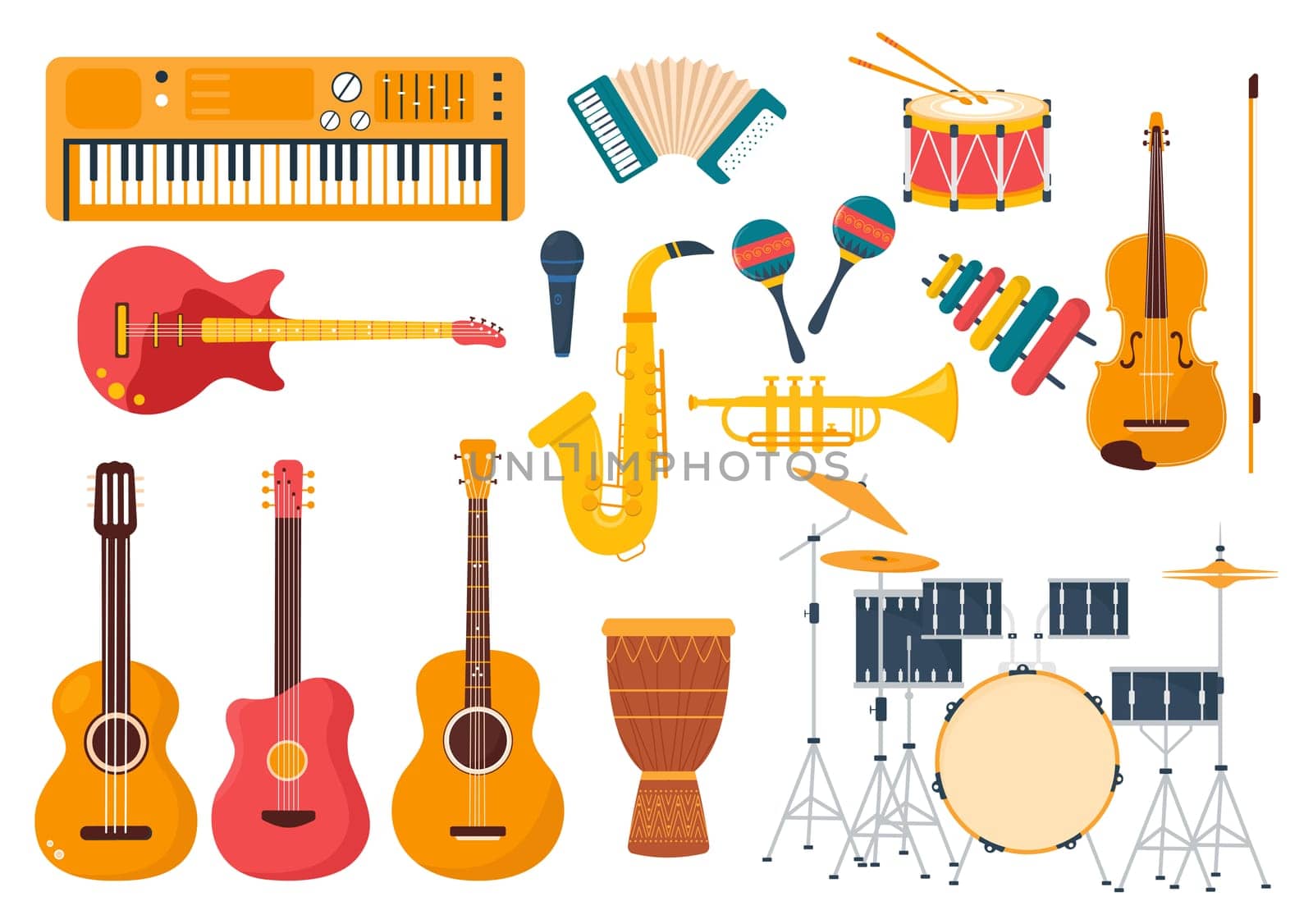 Music Store with Various Musical Instruments, CD, Cassette Tapes and Audio Recordings in Flat Style Cartoon Hand Drawn Template Illustration