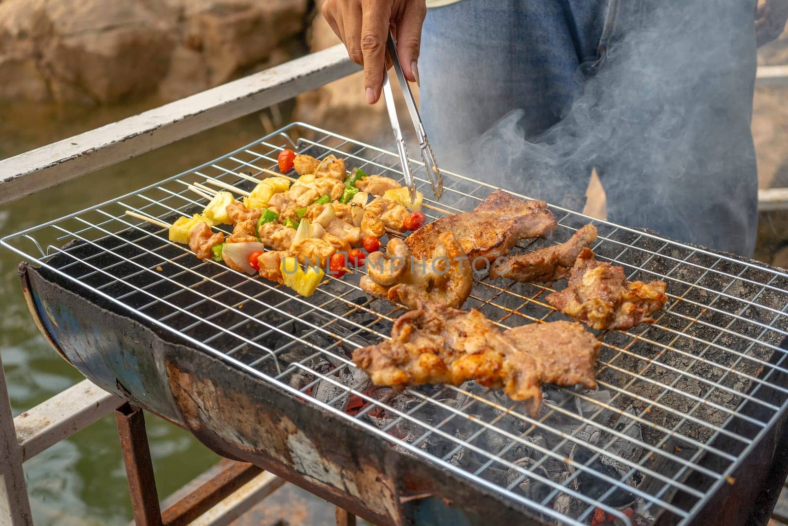 Grilled meat scorched on the grill, burnt