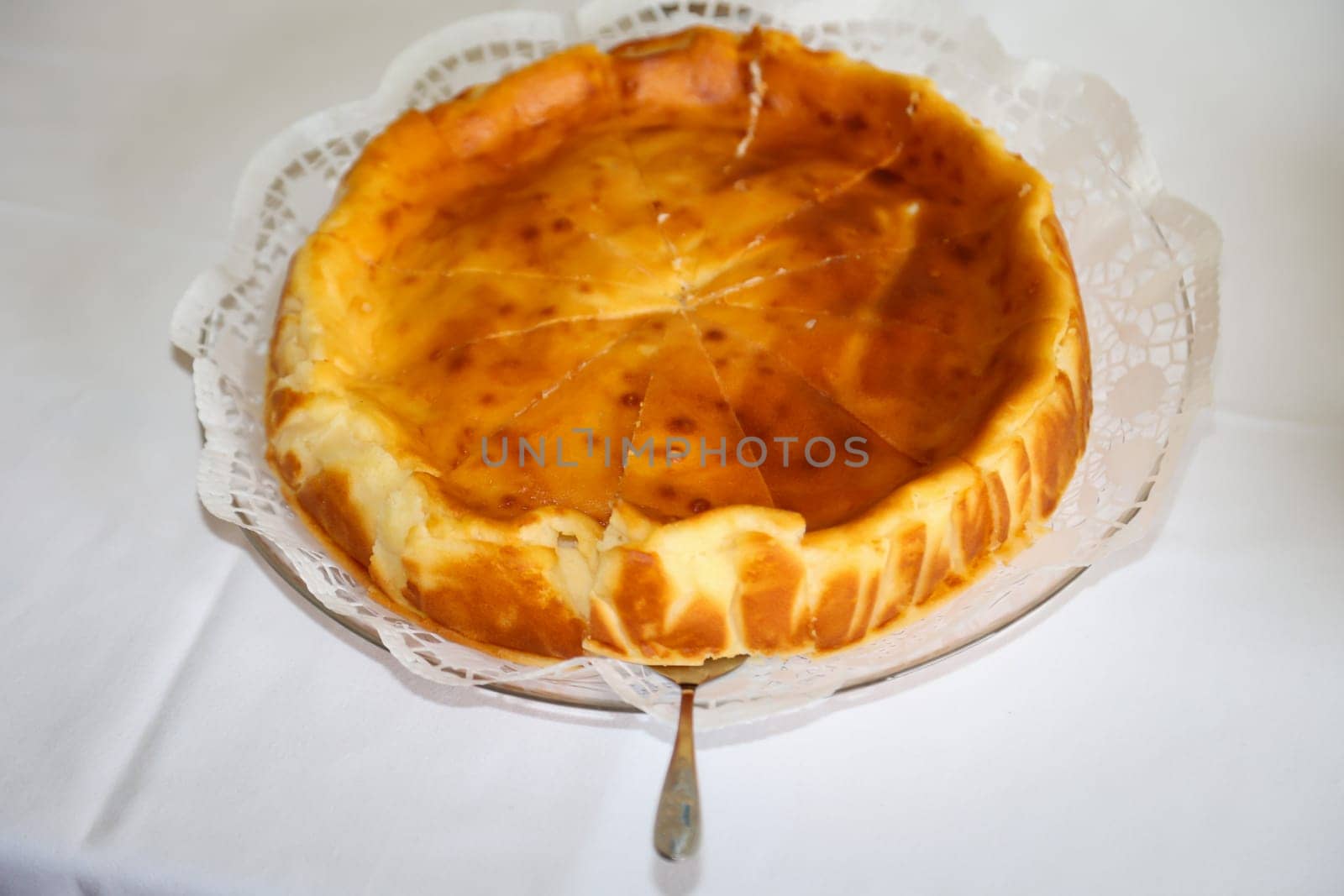 Close up of cheesecake, quark cake on a table.