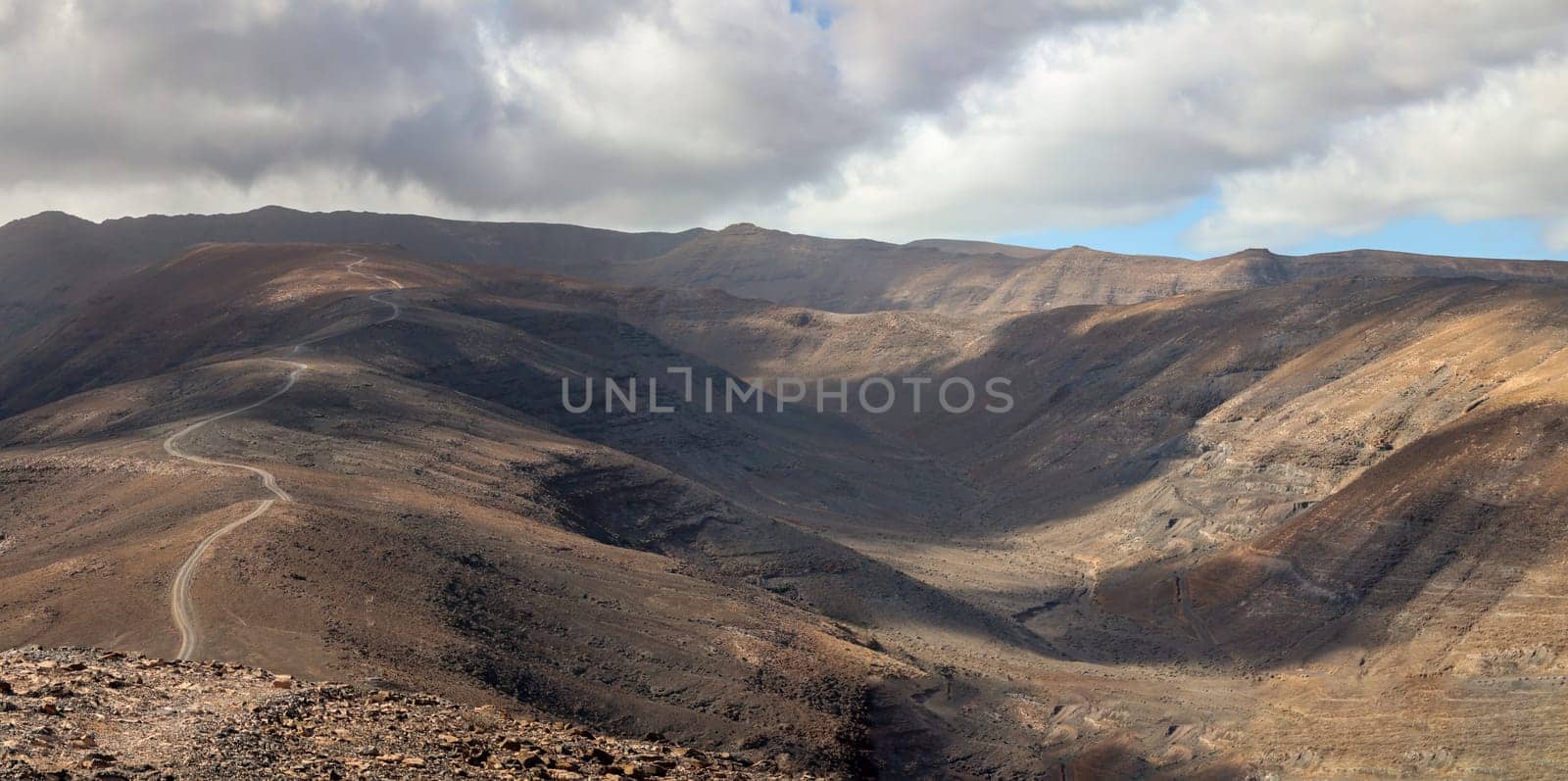 View over a landscape formed by volcanoes on Fuerteventura.