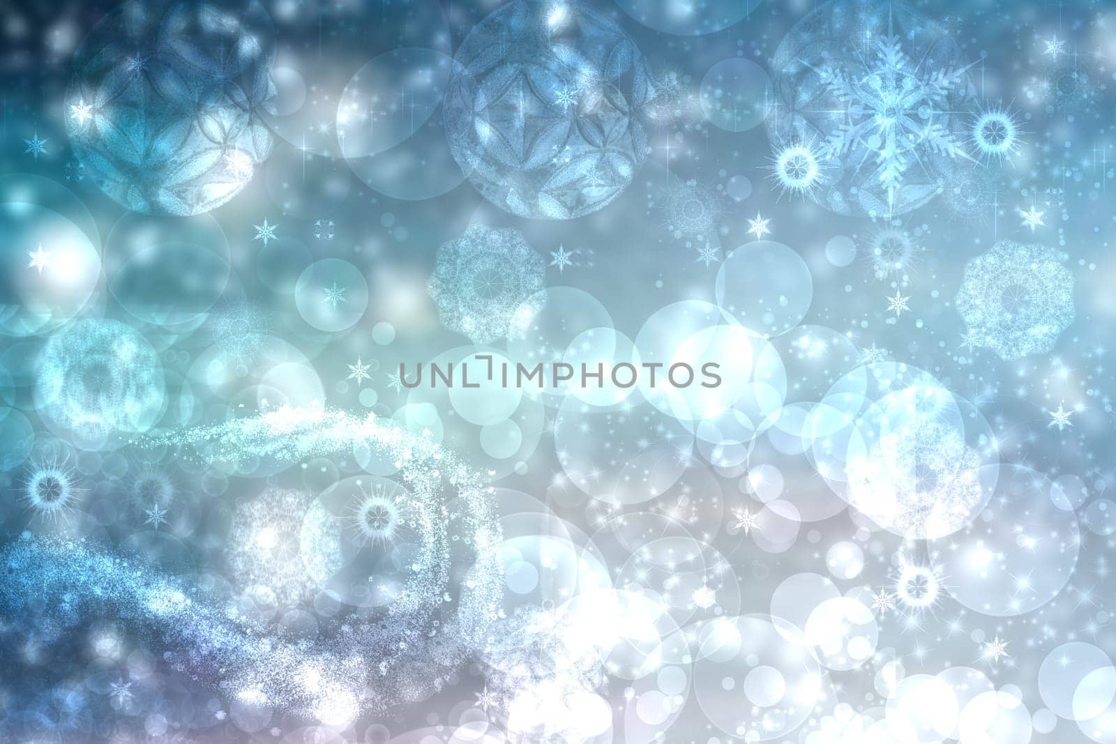 Abstract blurred festive light blue winter christmas or Happy New Year background texture with shiny blue and white bokeh lighted glittering snowflakes and stars. Space for your design. Card concept.