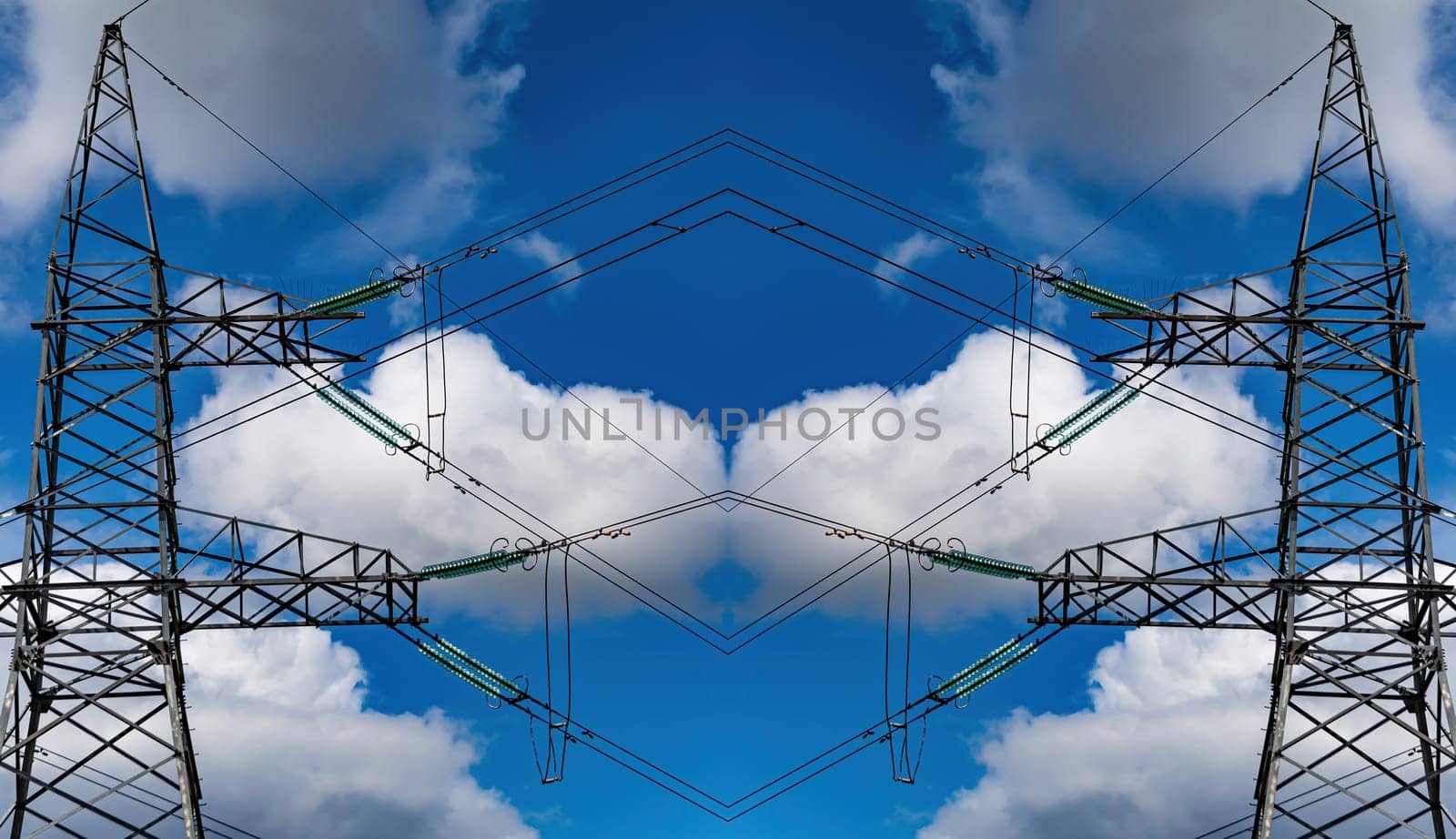 Line insulator on the electrical wires of a high-voltage tower. Electric wires. High-voltage power transmission tower. Electrical line insulators. Energy business. The beauty.