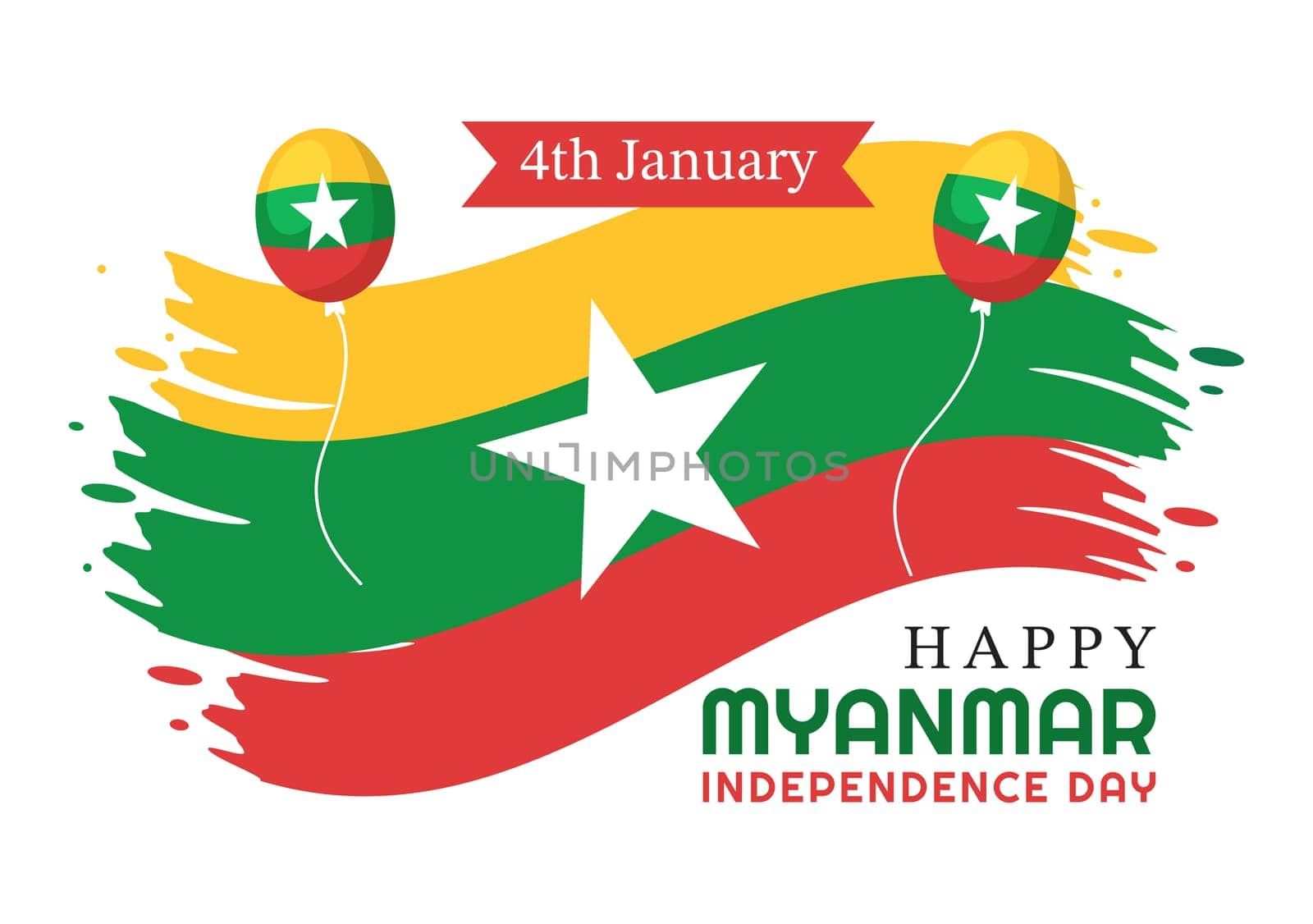 Celebrating Myanmar Independence Day on January 4th with Flags in Flat Cartoon Background Hand Drawn Templates Illustration