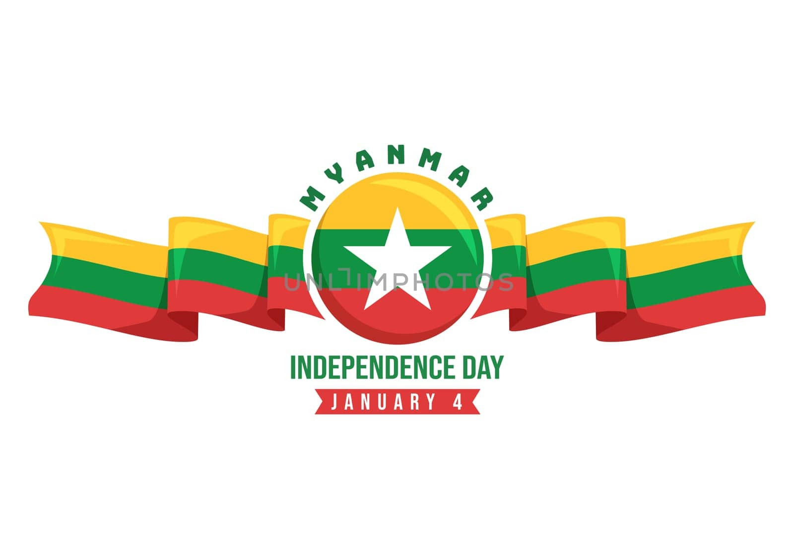Celebrating Myanmar Independence Day on January 4th with Flags in Flat Cartoon Background Hand Drawn Templates Illustration