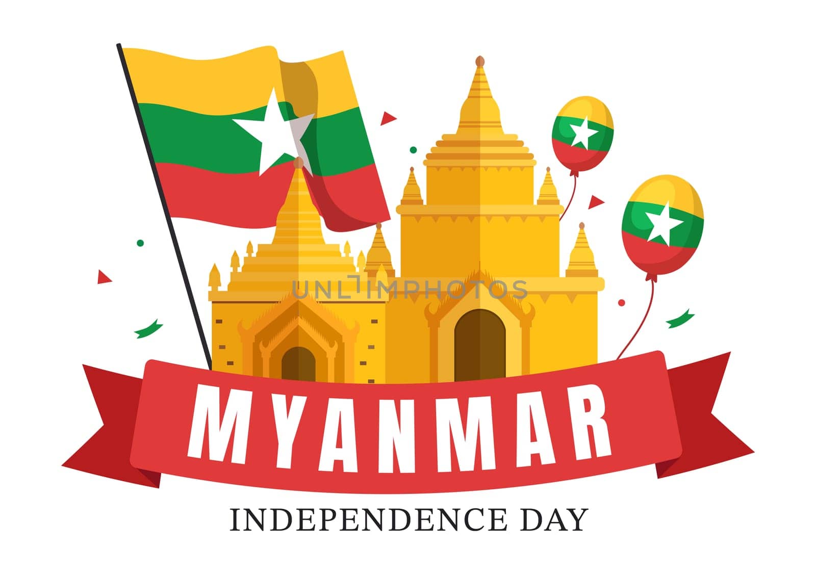 Celebrating Myanmar Independence Day on January 4th with Flags in Flat Cartoon Background Hand Drawn Templates Illustration