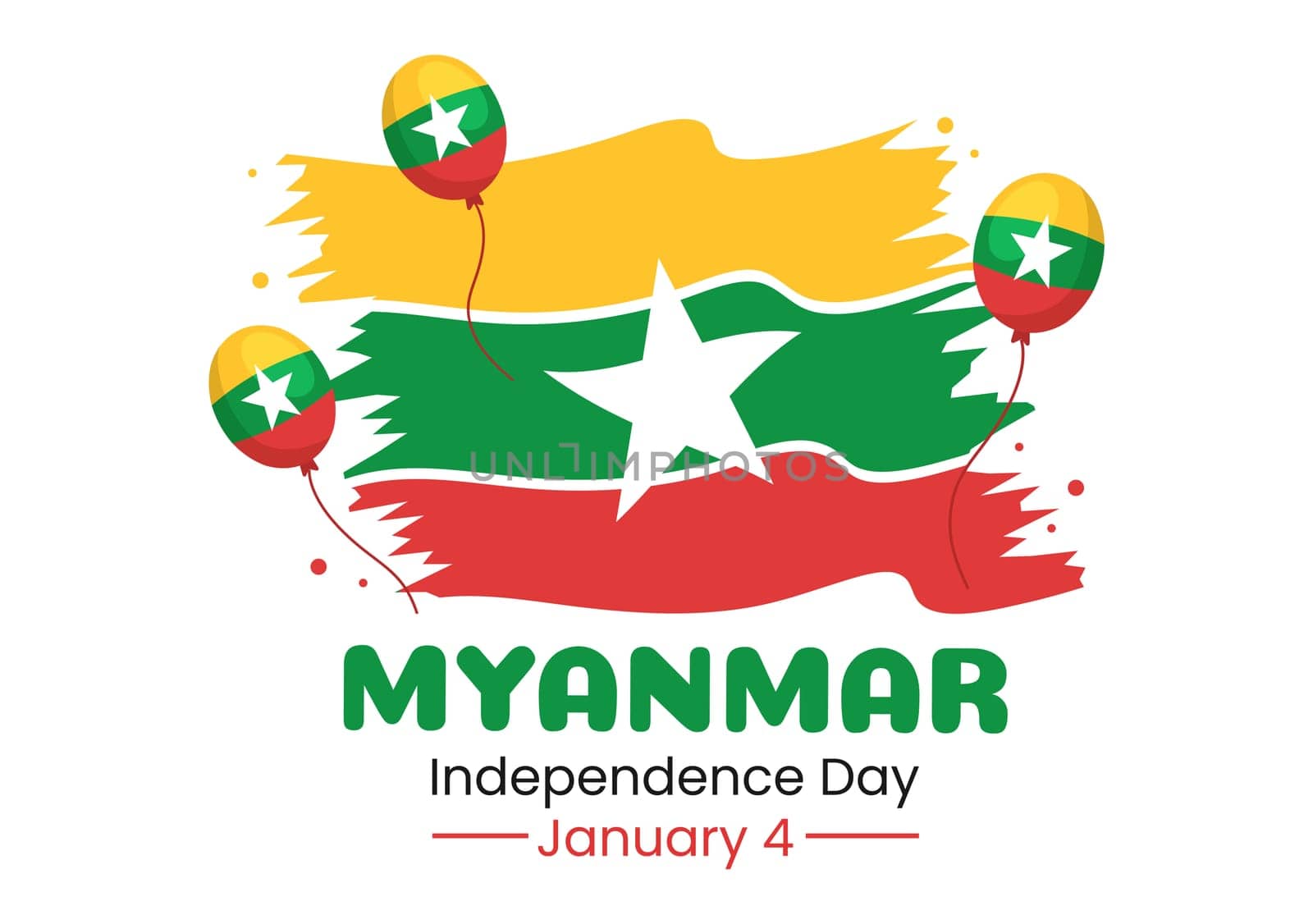 Celebrating Myanmar Independence Day on January 4th with Flags in Flat Cartoon Background Hand Drawn Templates Illustration