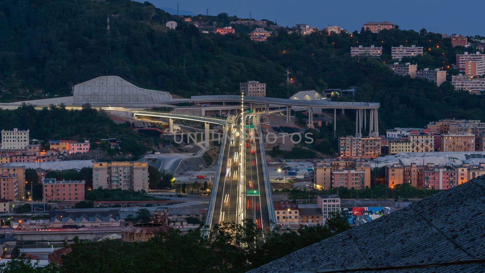 Top view at night of the new San Giorgio bridge in Genoa, Italy.