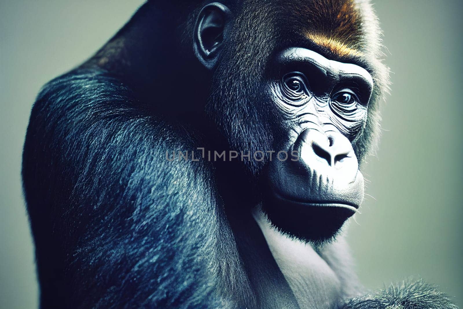 Portrait of a sad gorilla, endangered species and wildlife, studio setting, silverback animal illustration