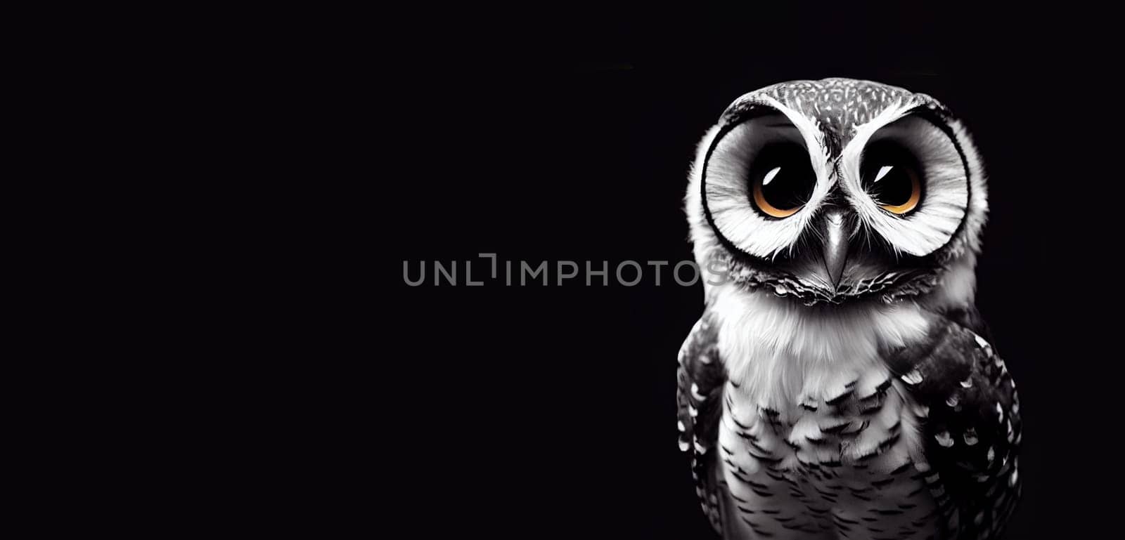 Cute owl bird with big eyes, portrait of animal of prey, black background with copy space, illustration
