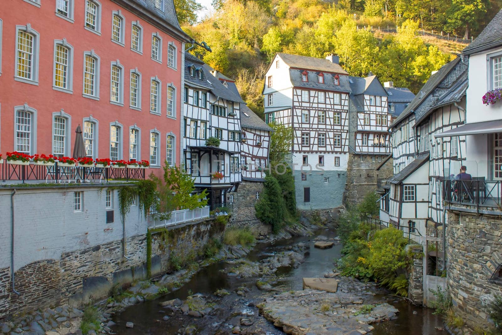 MONSCHAU - small town Monschau with unidentified people. The historic town center has many half-timbered houses and narrow streets remained nearly unchanged for 300 years