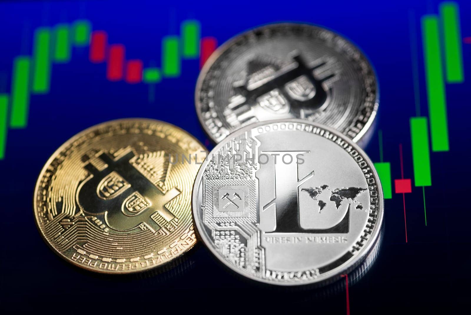 Bitcoin and cryptocurrency investing concept. Bitcoin cryptocurrency coins. Trading on the cryptocurrency exchange. Trends in bitcoin exchange rates. Rise chart of bitcoin and alt coins.