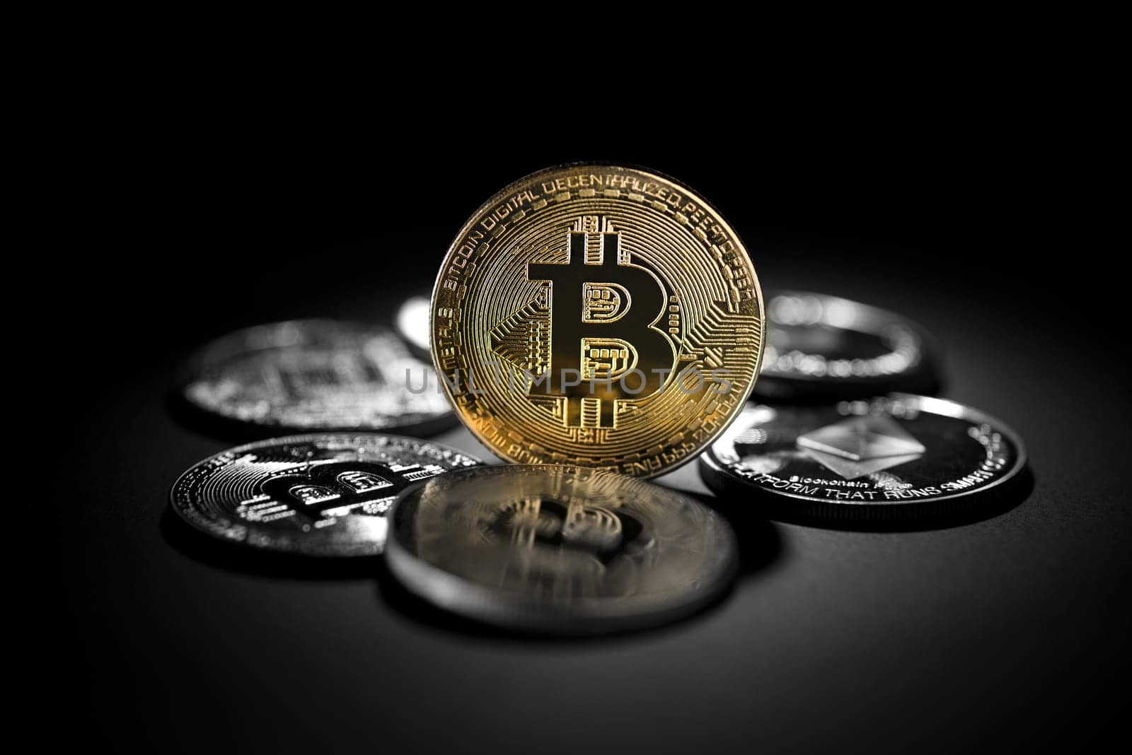Bitcoin on computer trading background. Virtual cryptocurrency concept.