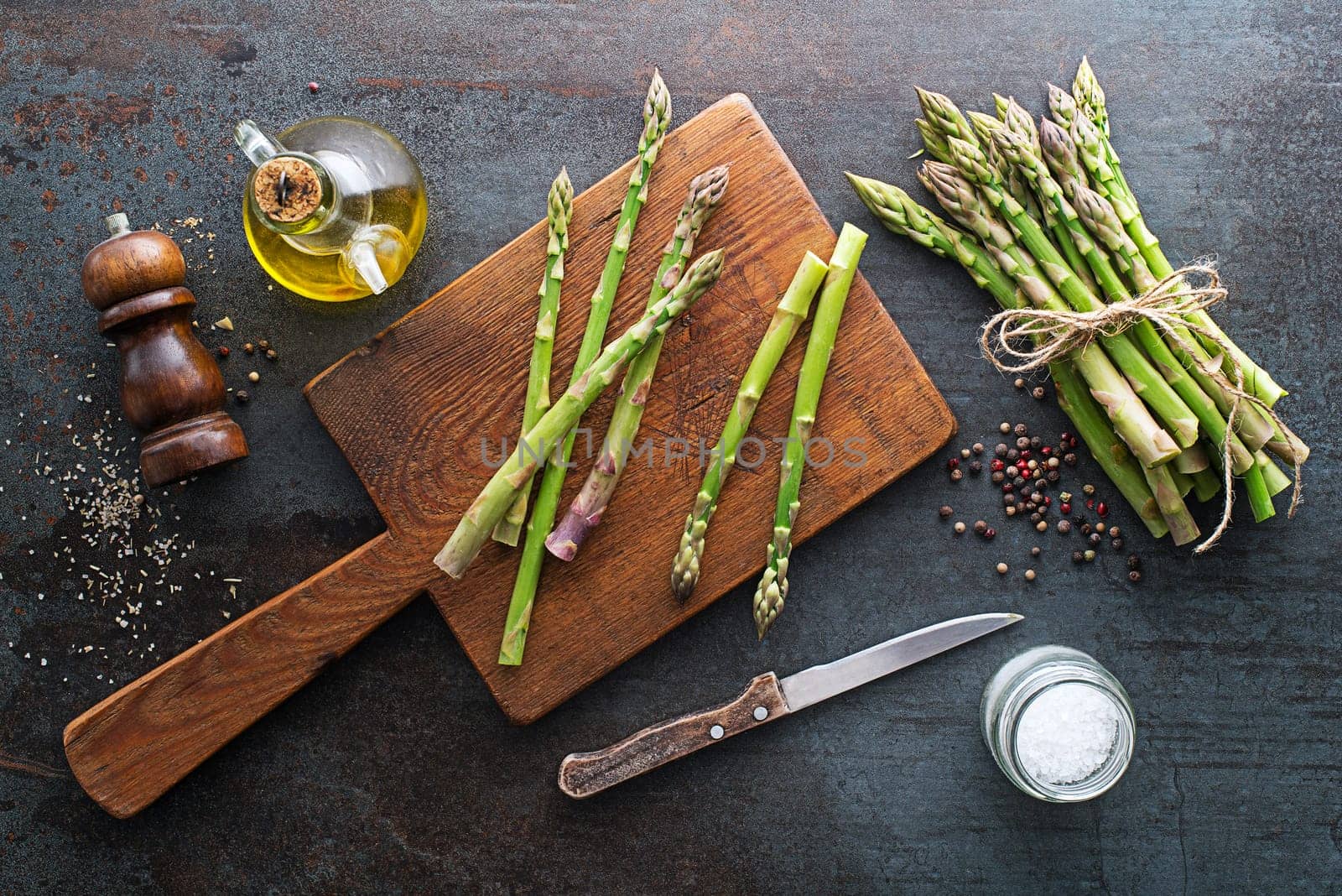 Fresh of green Asparagus. Cooking healthy meal. Bunches of green asparagus, top view Image