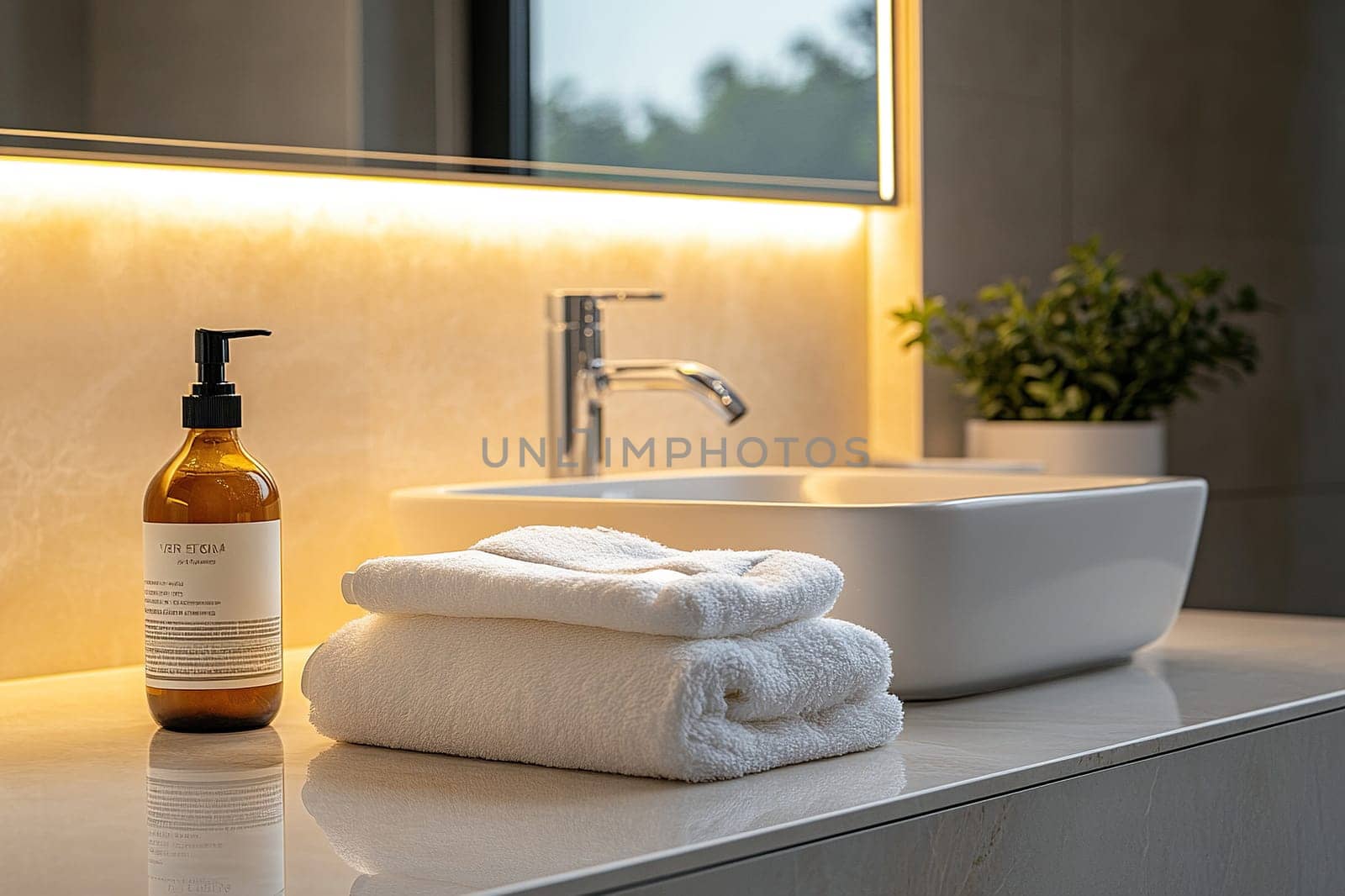 Soap dispenser and white towel on table near washbasin with blurred space in bathroom.