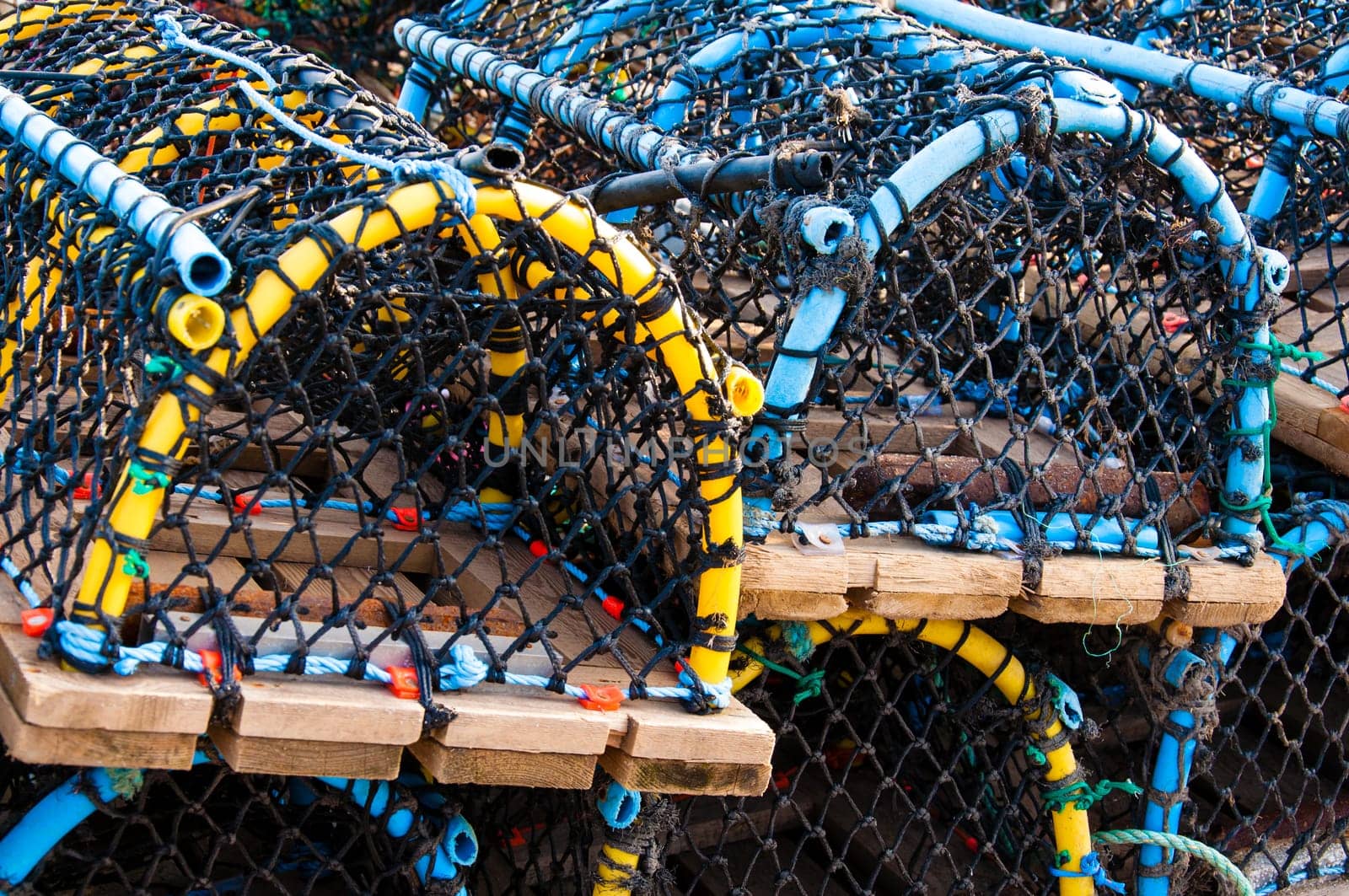 Closeup on Lobster pots on the dock, England