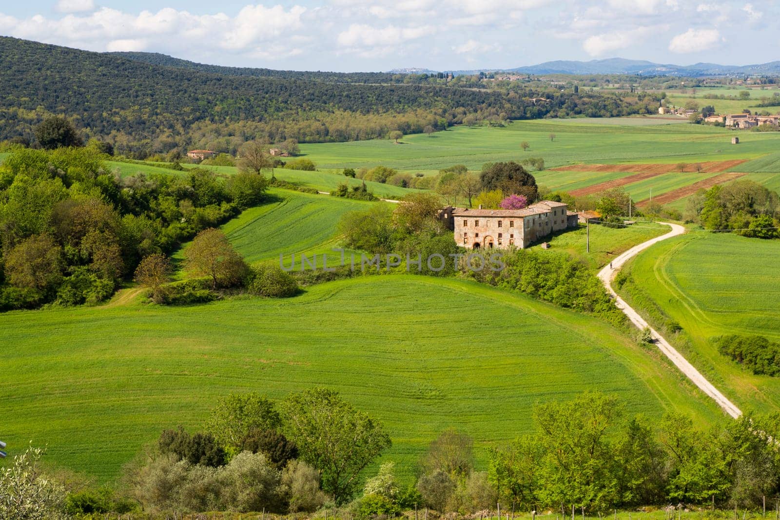 View of a Tuscan hill landscape with green fields and a farm in the background