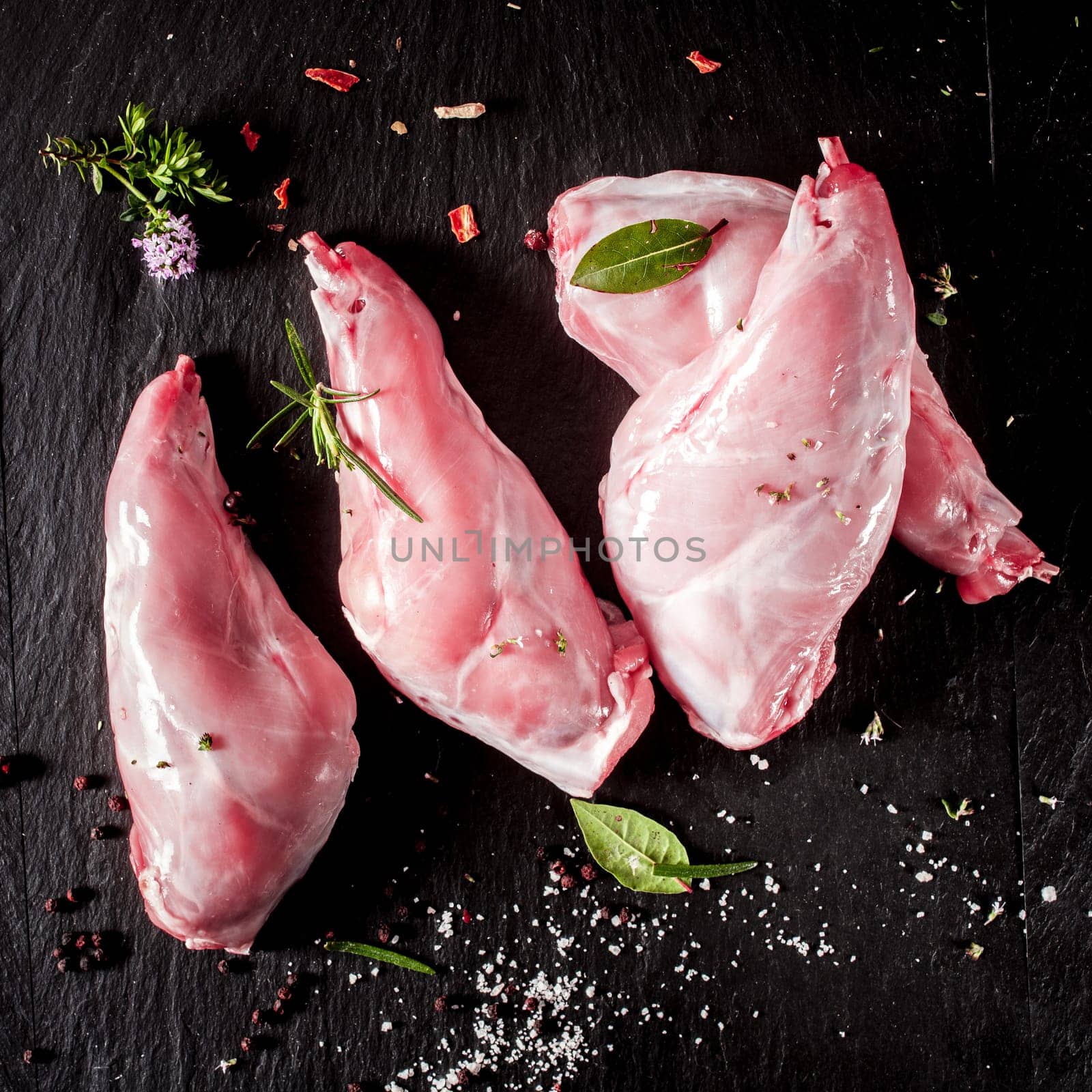 Three raw wild rabbit haunches seasoned with herbs and spices ready for grilling, overhead view with copyspace