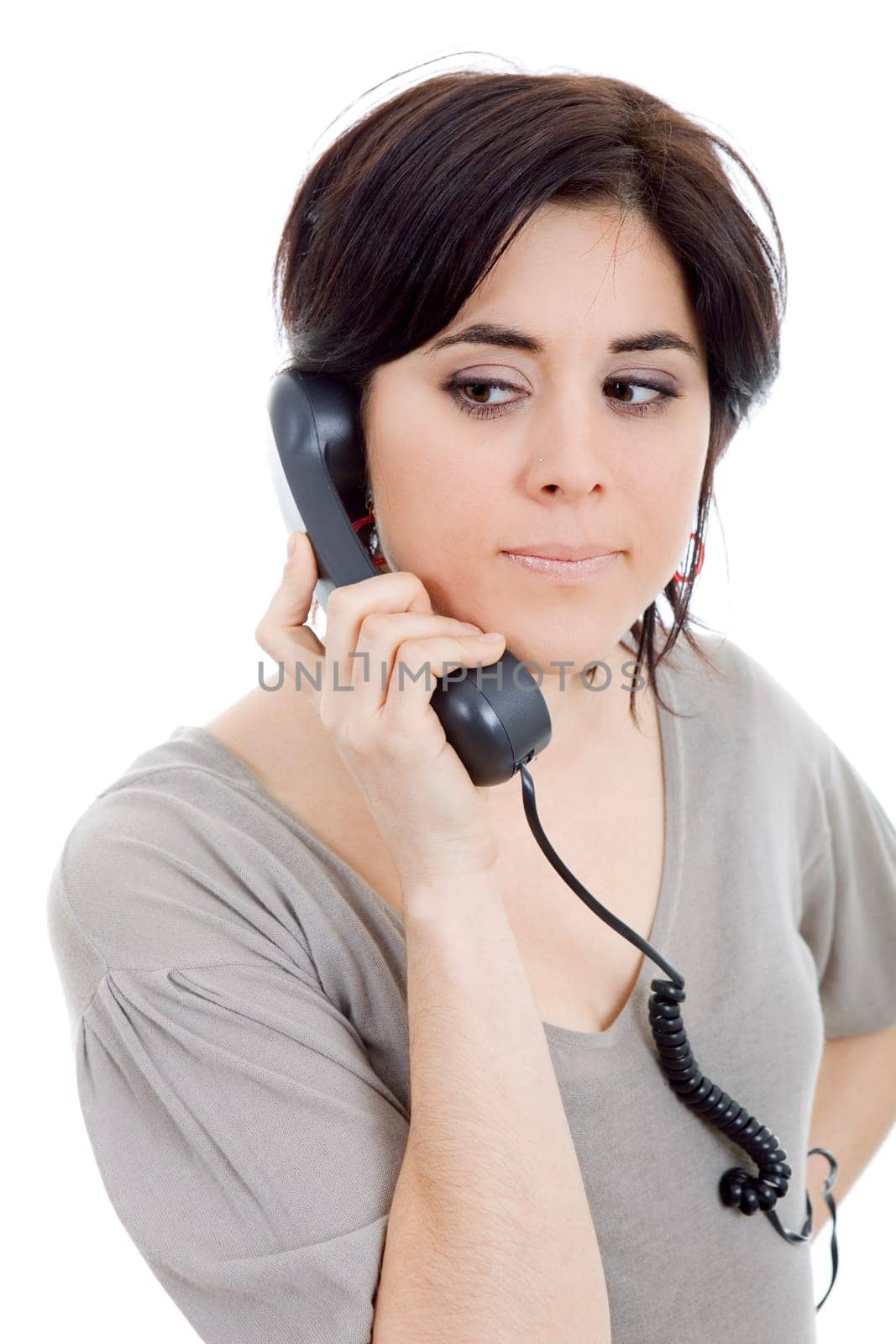 young woman with a phone, isolated on white