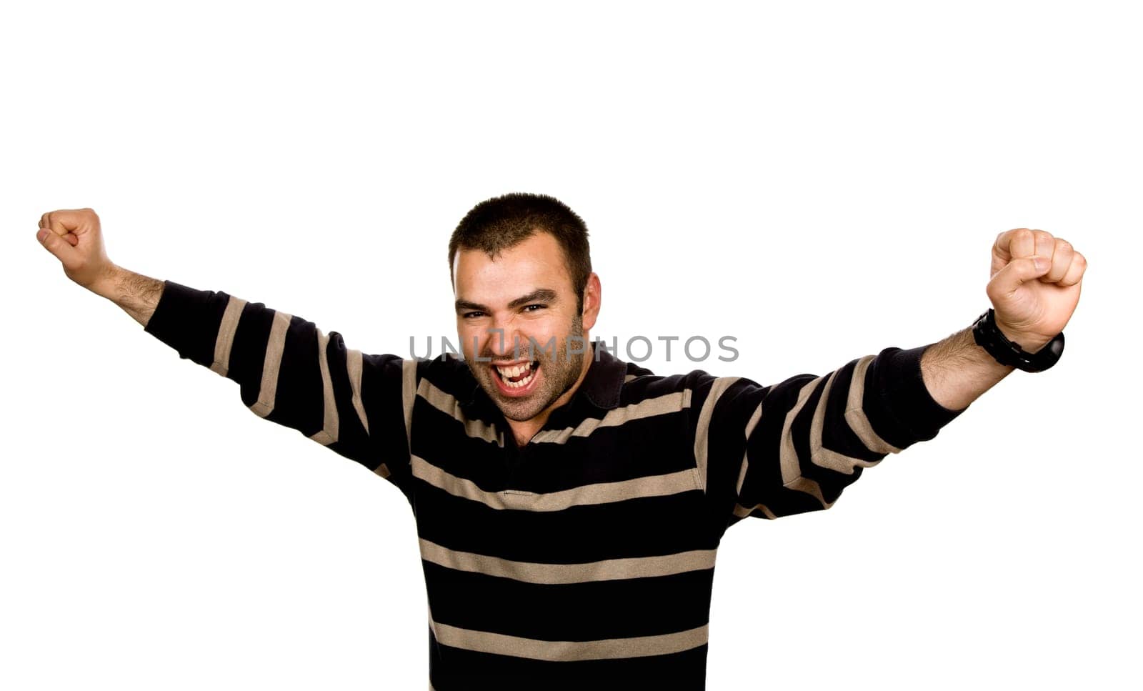 happy young man with open arms isolated on white