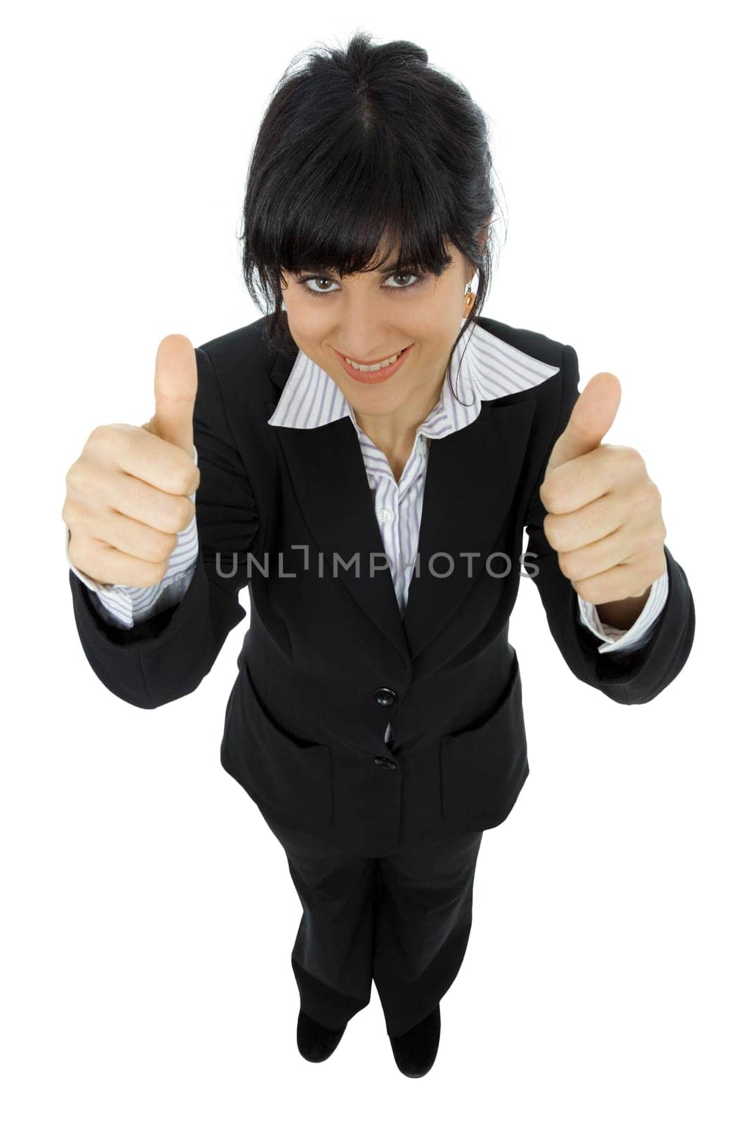 young beautiful woman full body pointing, isolated on white