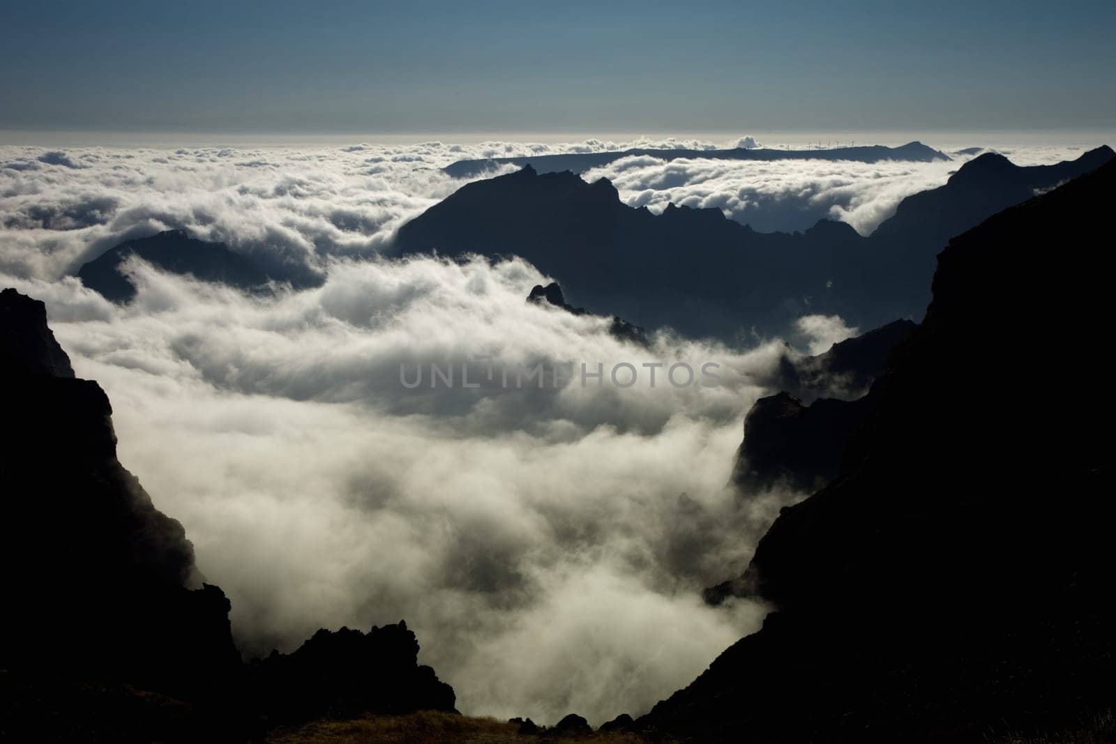 Mountains of Madeira island above the clouds at Pico do Areeiro and Ruivo